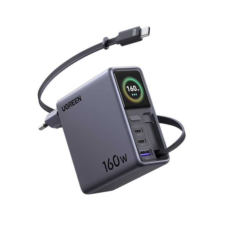 UGREEN Nexode Pro-oplader med smart display (160 W, 4 porte, GaN, udtrækkeligt kabel, appstyring)