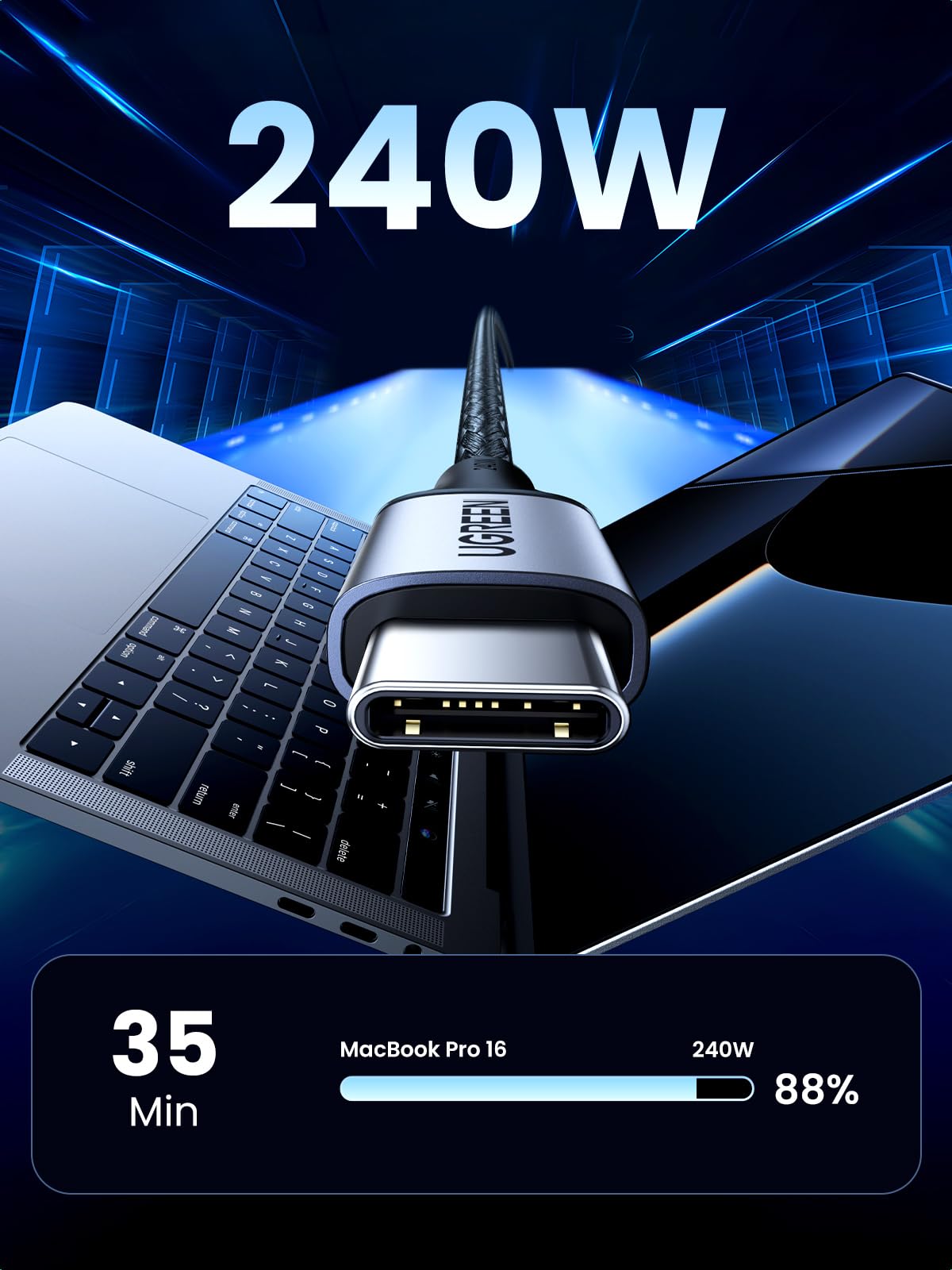 UGREEN 240W USB C Cable - 10Gbps Fast Charging & 4K Video 3ft Braided Cable