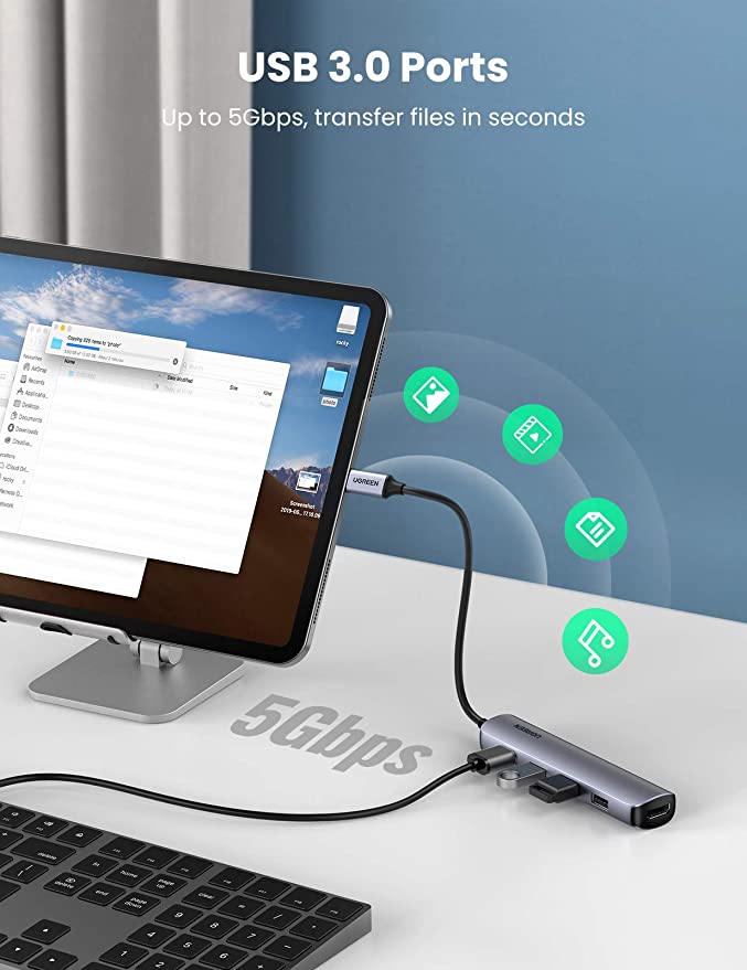 UGREEN Hub USB-C multiport 5 en 1 20197, 4x USB-A 3.0, 1x HDMI, 0.15 m 