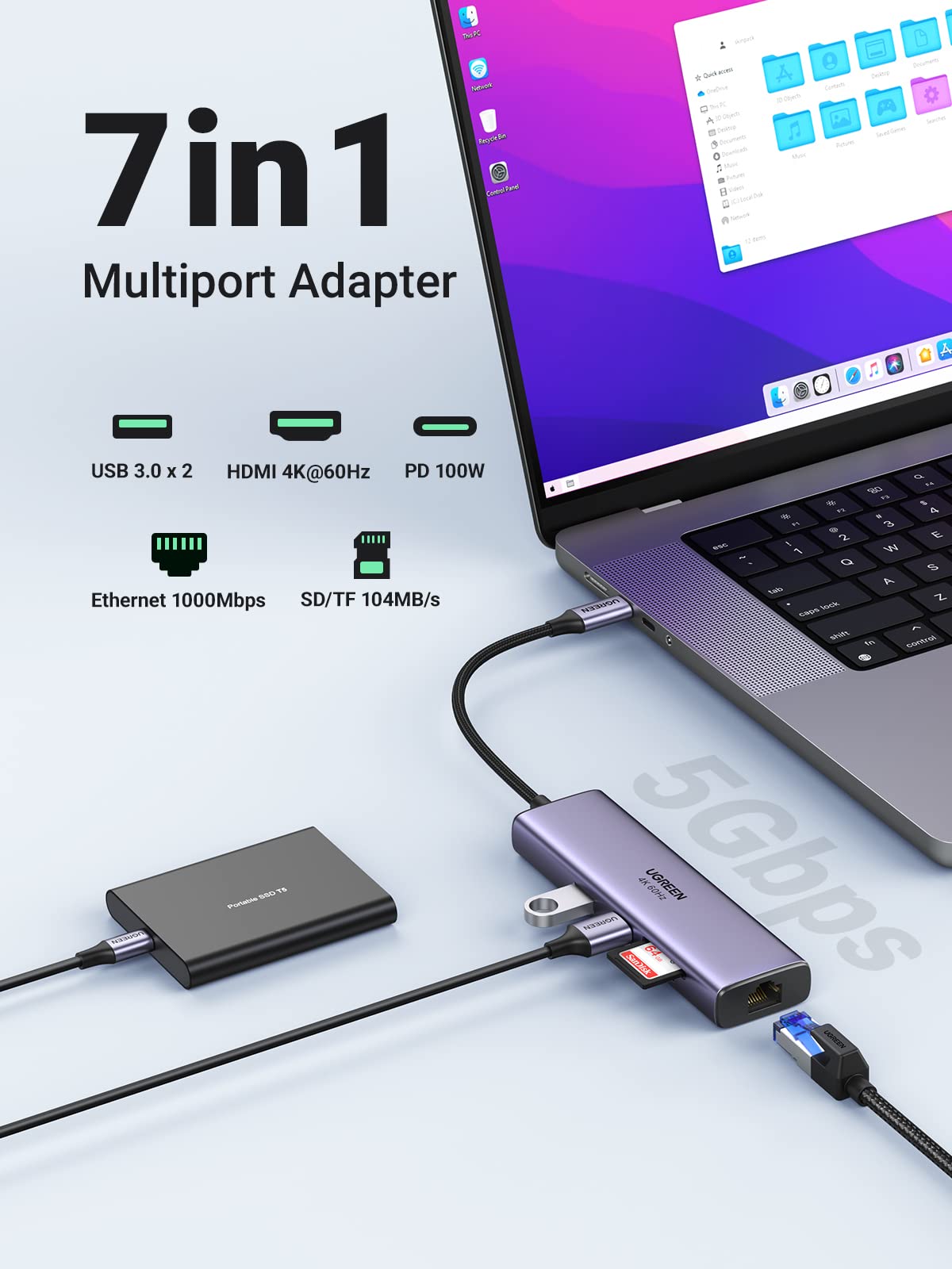 USB C Multiport Adapter Hub Mac Dongle for MacBook Pro/Air with 4K HDMI  Port, Gigabit ethernet, 2 USB, TF/SD Card Reader, USB-C 100W PD and