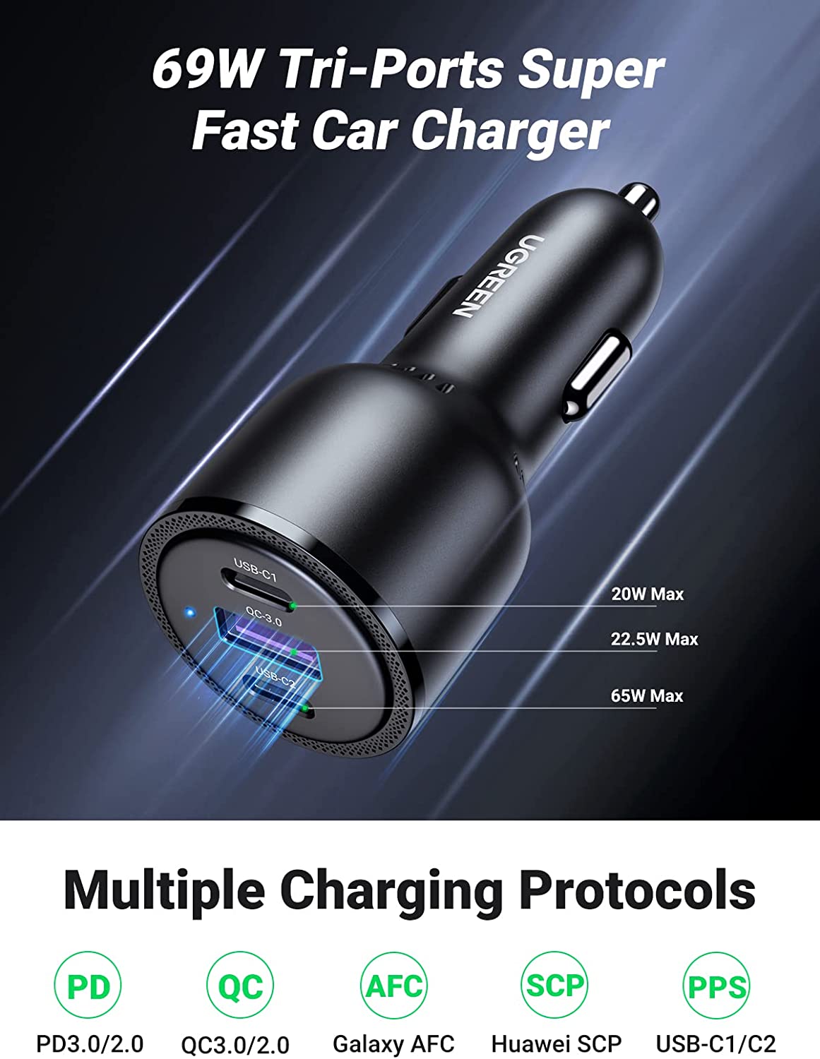 3-Port Fast USB-C Car Charger