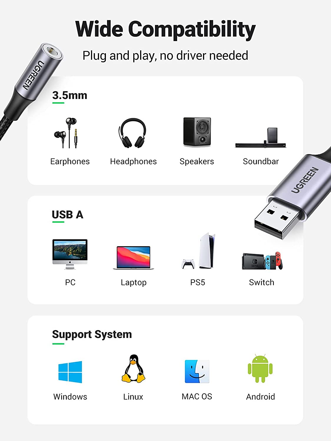 UGREEN Carte Son Externe Adaptateur USB Audio vers 3,5mm Compatible avec PS4,  Raspberry Pi