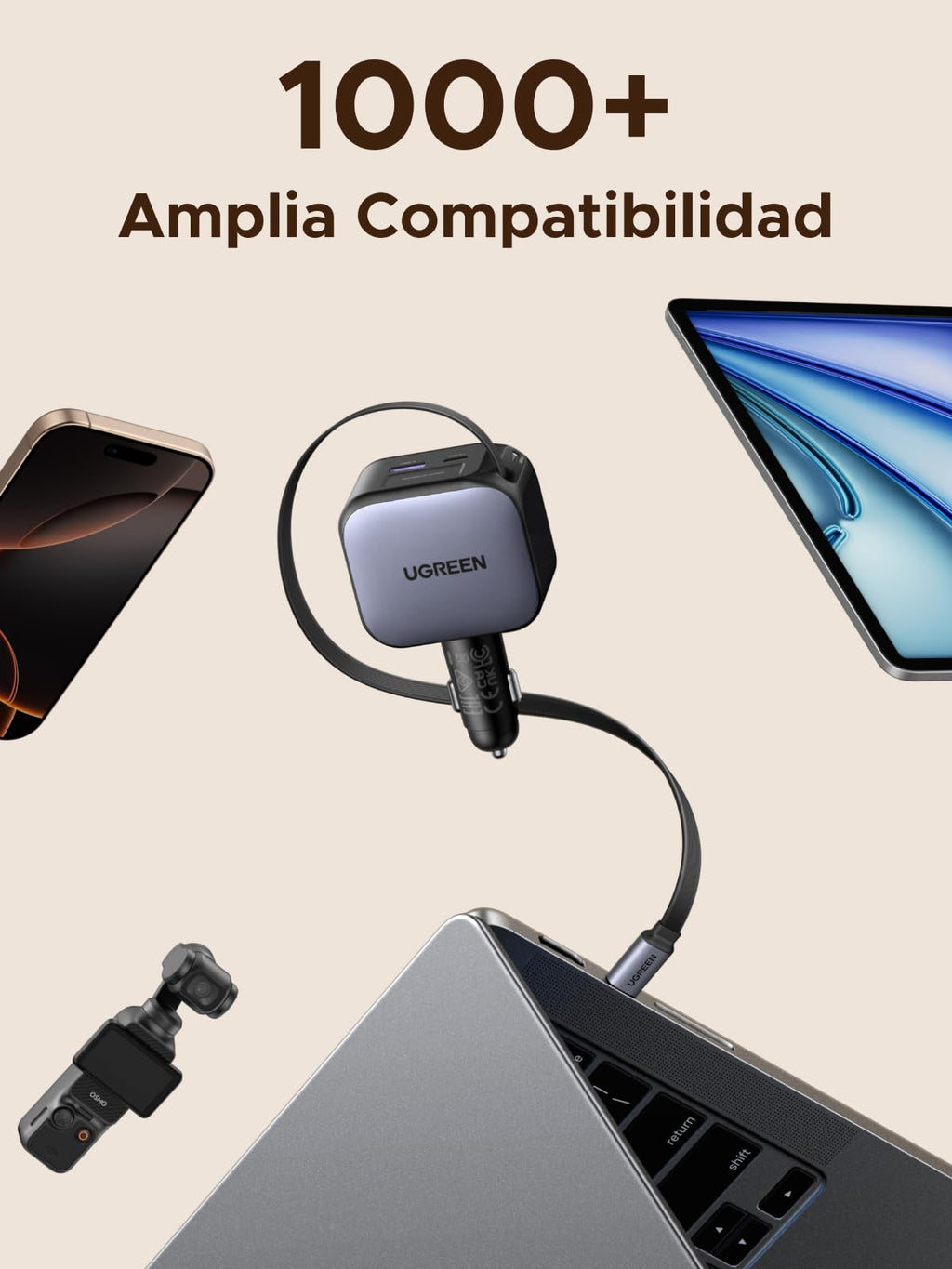 UGREEN Nexode 145W 4 IN 1 Retractable USB C Car Charger 100W Car Charger | 4 Puertos Cargador Mechero Coche Carga Rápida Compatible con iPhone 17 Pro Max Air 16 MacBook M5 M4 M3 M2 M1 iPad Galaxy S26