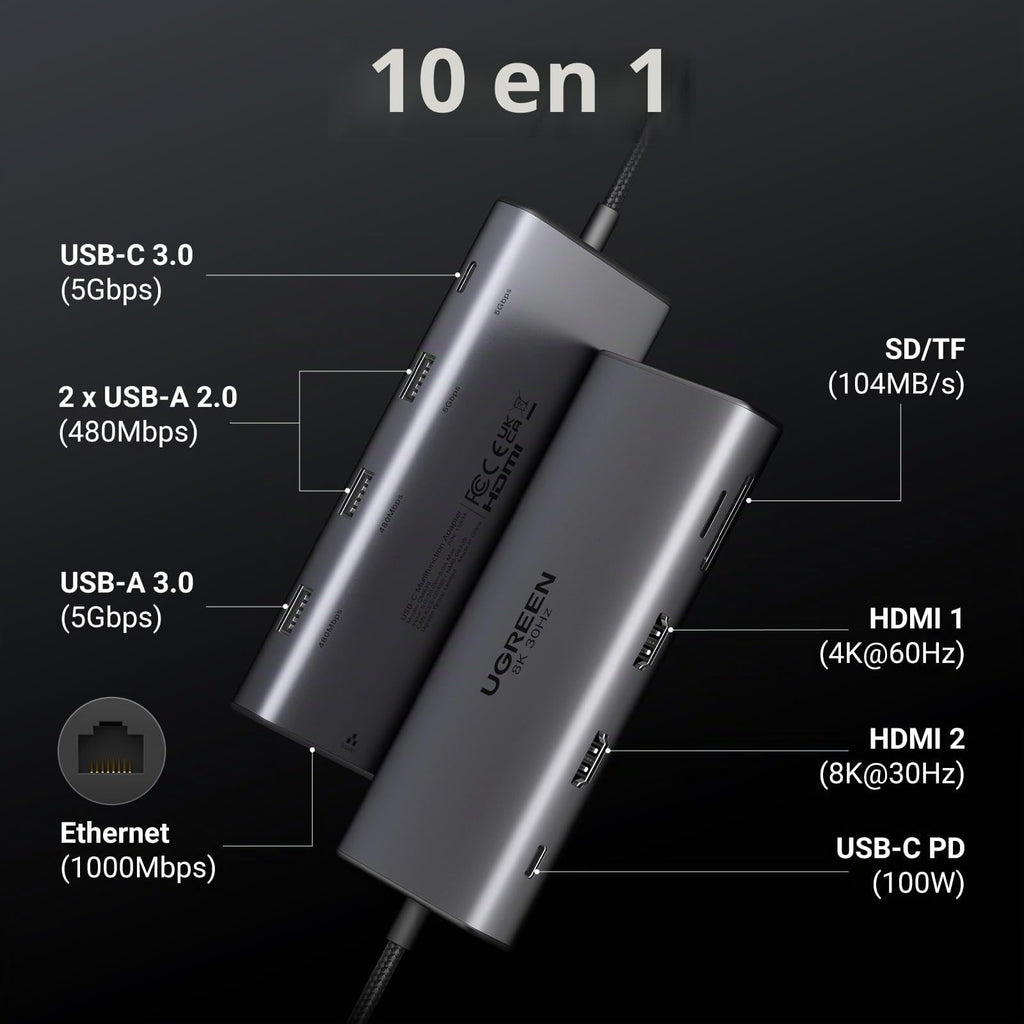 UGREEN Revodok Pro 210 USB C Hub 10 in 1 Docking Station Dual Display | 2 HDMI, Single 8K30Hz, Dual 4K60Hz, Gigabit Ethernet, PD Charging 100W, 5Gbps, 3A1C, SD TF, Compatible with MacBook Pro Air