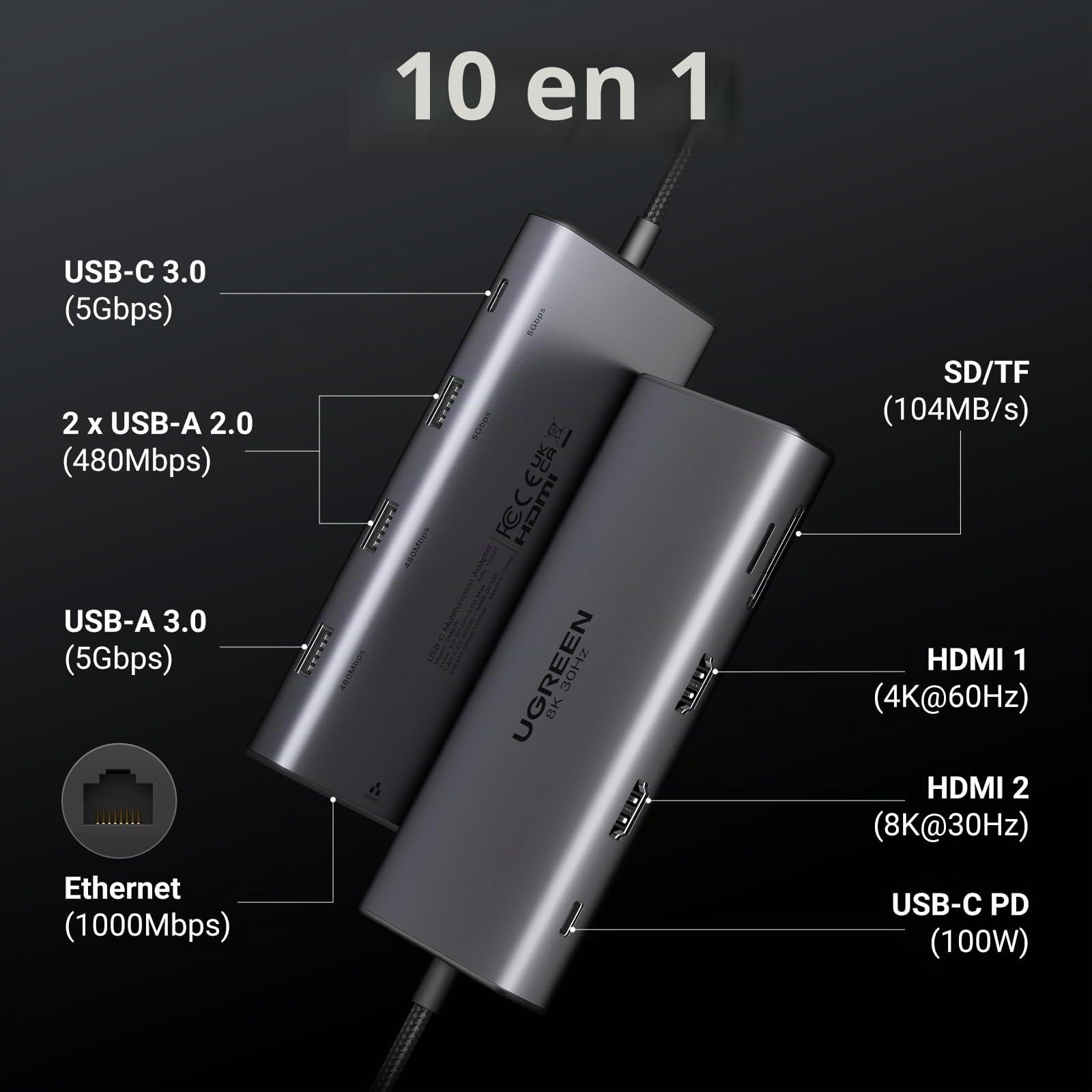 UGREEN Revodok Pro 210 USB C Hub 10 in 1 Docking Station Dual Display | 2 HDMI, Single 8K30Hz, Dual 4K60Hz, Gigabit Ethernet, PD Charging 100W, 5Gbps, 3A1C, SD TF, Compatible with MacBook Pro Air