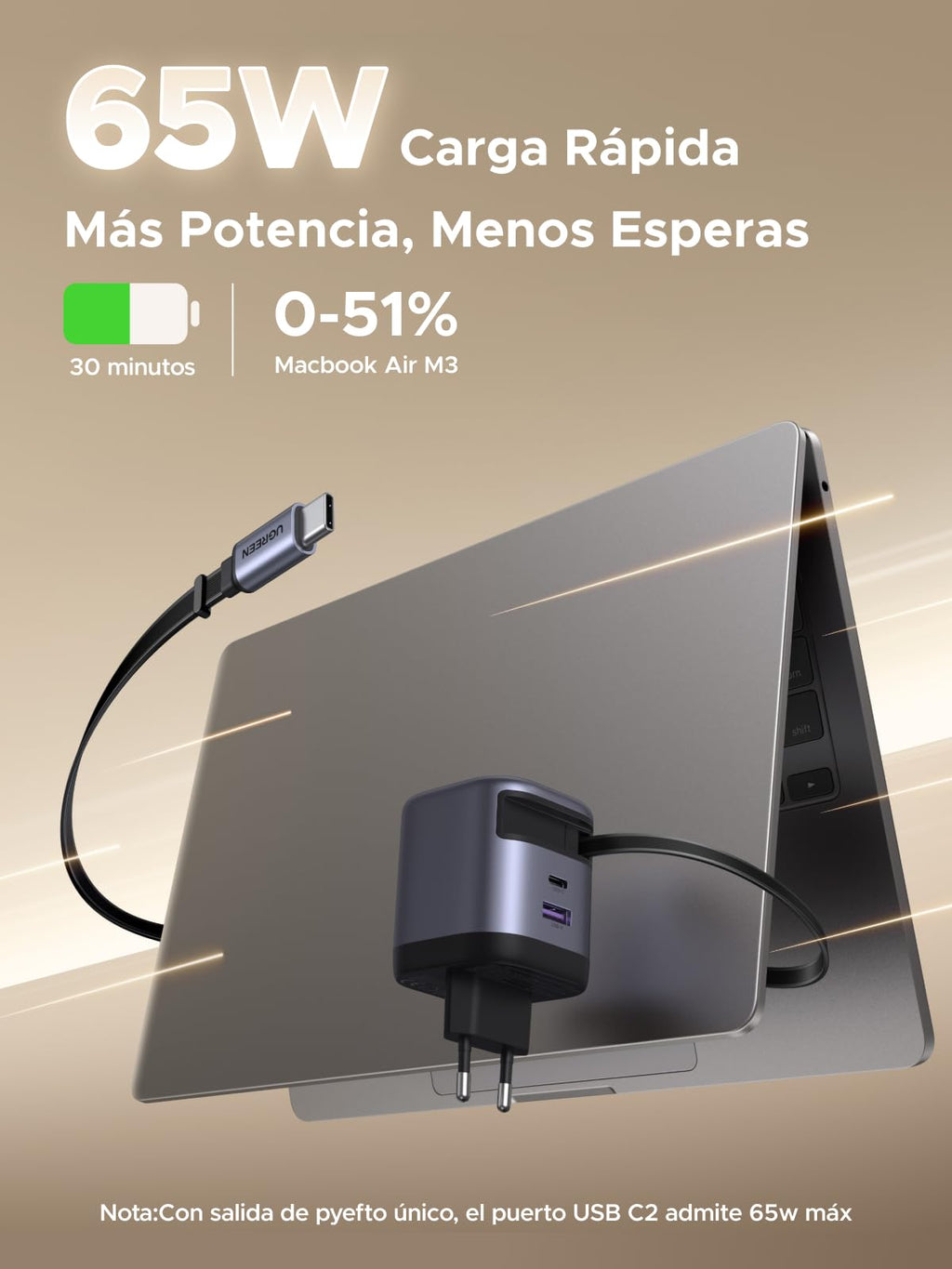 UGREEN Nexode 65W USB C Charger with Retractable Cable Quick Charge | 3 Ports PD 3.0 PPS 25W Compatible with MacBook Neo Air Galaxy S26 iPhone 17 Pro Max Air 16 15 14 iPad