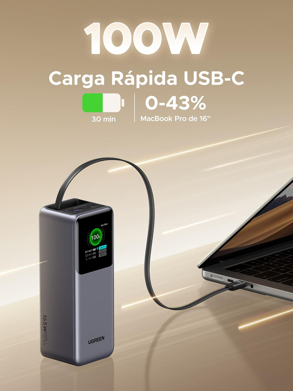 UGREEN Nexode Pro 165W Power Bank 20000mAh External Battery USB C PD 100W | Fast Charging, 3 in 1, Retractable Cable, 2 1C1A Ports, TFT Display, PC Charger, Compatible with iPhone 17 16 15 Galaxy S26