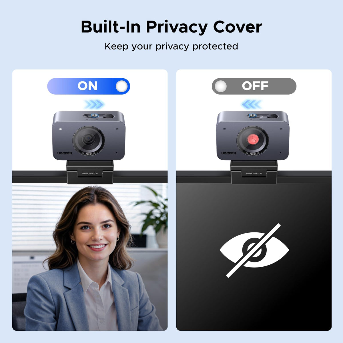 UGREEN 1080P/60fps Full HD Webcam for PC/Laptop/Mac, Smoother Visuals | Auto Light Correction, Fixed Focus, Noise Cancelling Mics, Built-in Privacy Cover, USB Web Cam for Teams, Google Meet, Zoom