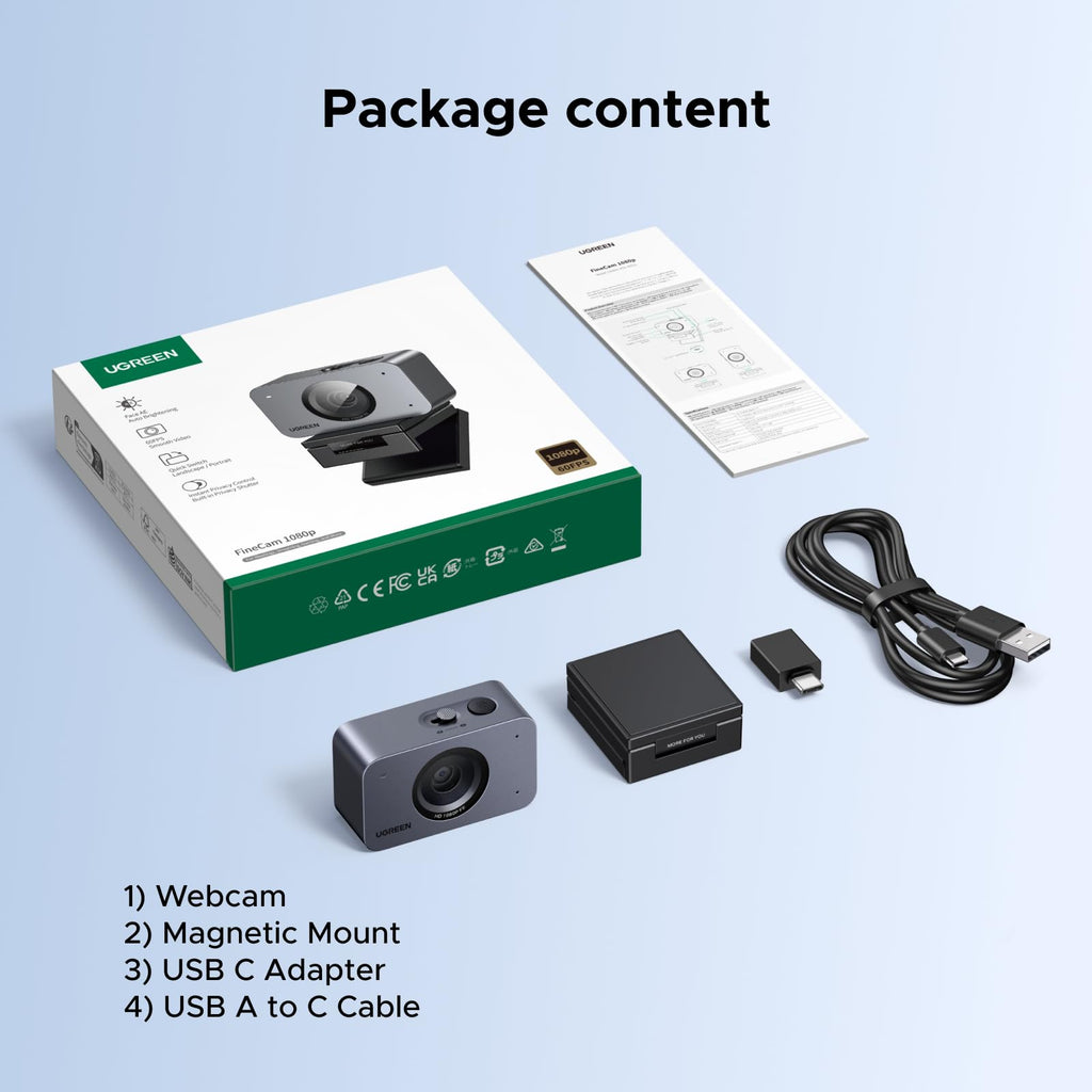 UGREEN 1080P/60fps Full HD Webcam for PC/Laptop/Mac, Smoother Visuals | Auto Light Correction, Fixed Focus, Noise Cancelling Mics, Built-in Privacy Cover, USB Web Cam for Teams, Google Meet, Zoom
