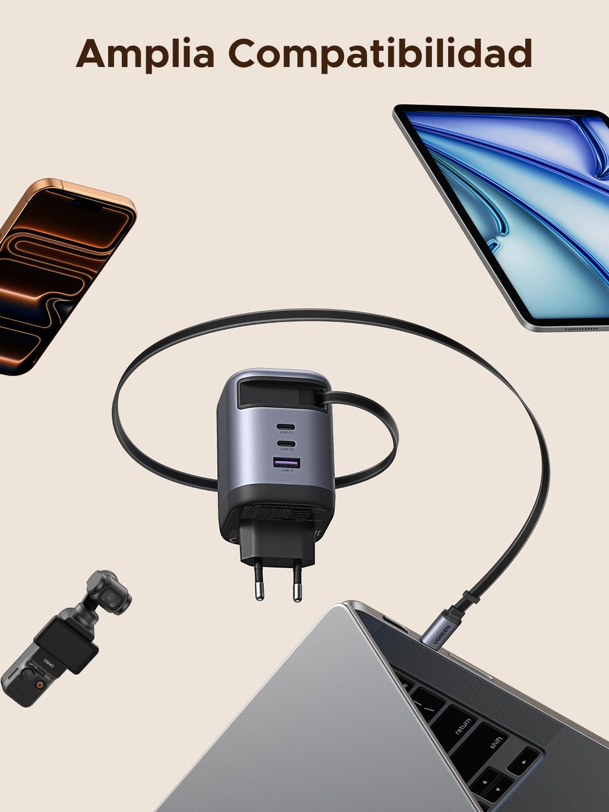 UGREEN Nexode 100W USB C Charger with Retractable Cable Quick Charge | 3 Ports PD 3.0 PPS 45W Compatible with MacBook Pro Air Galaxy S26 iPhone 17 Pro Max Air 16 15 14 iPad