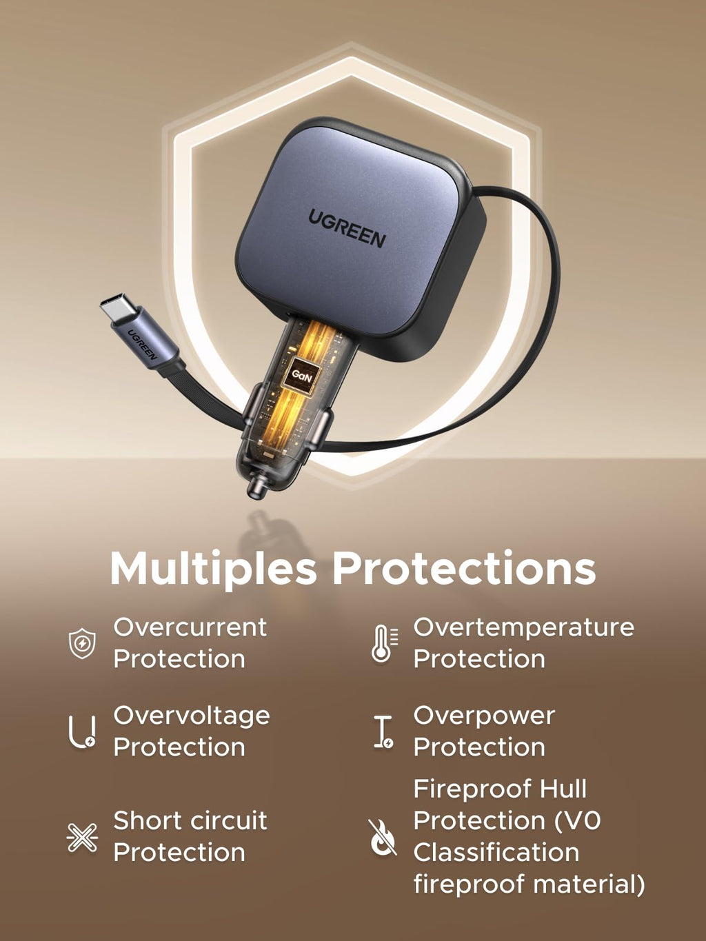 The UGREEN Nexode 90W car charger with retractable USB-C cable features an extendable cable up to 70cm, tested to withstand over 25,000 retractions and 10,000 bending cycles—built for long-lasting and flexible in-car use.