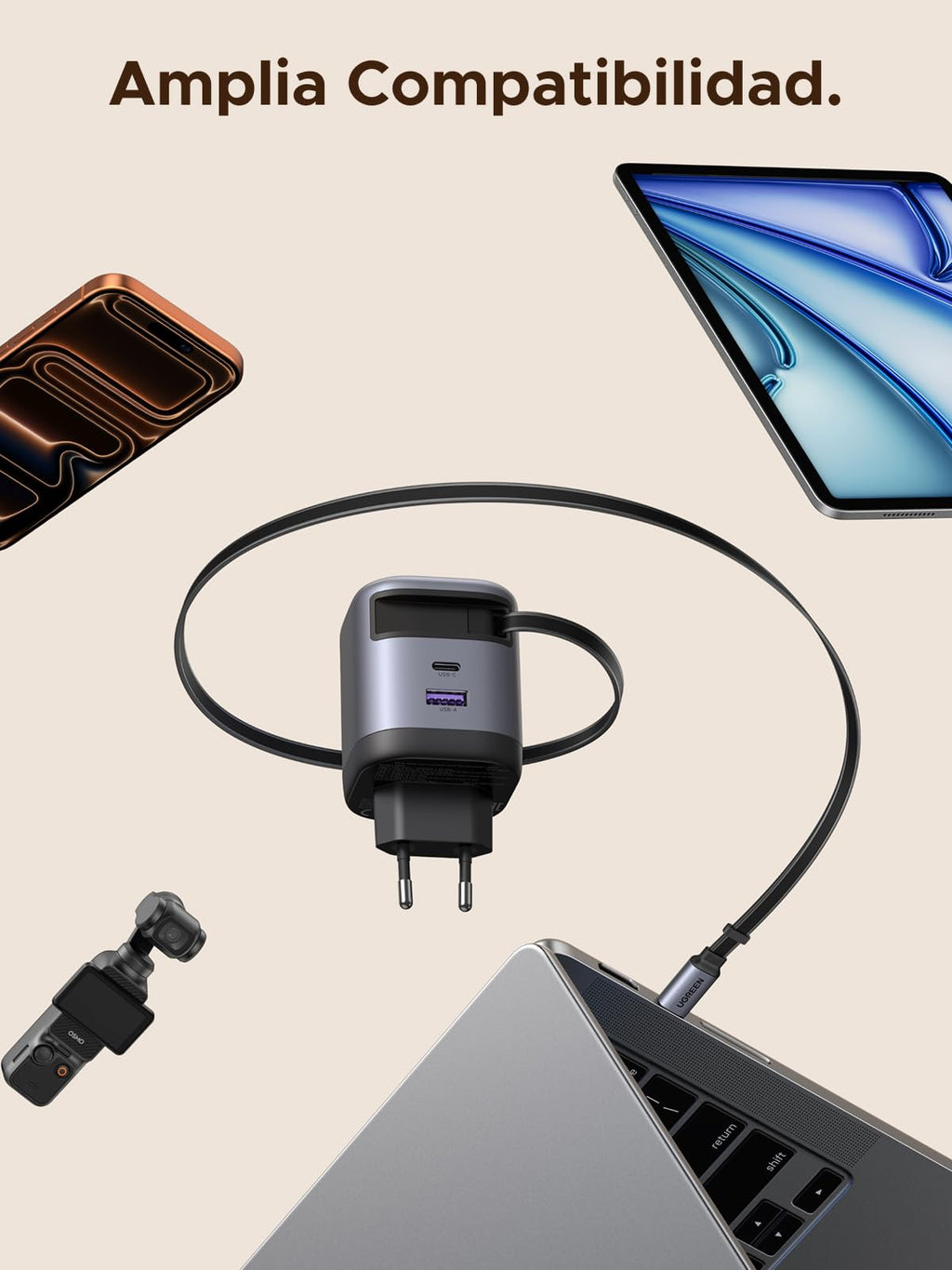 UGREEN Nexode 65W USB C Charger with Retractable Cable Quick Charge | 3 Ports PD 3.0 PPS 25W Compatible with MacBook Neo Air Galaxy S26 iPhone 17 Pro Max Air 16 15 14 iPad