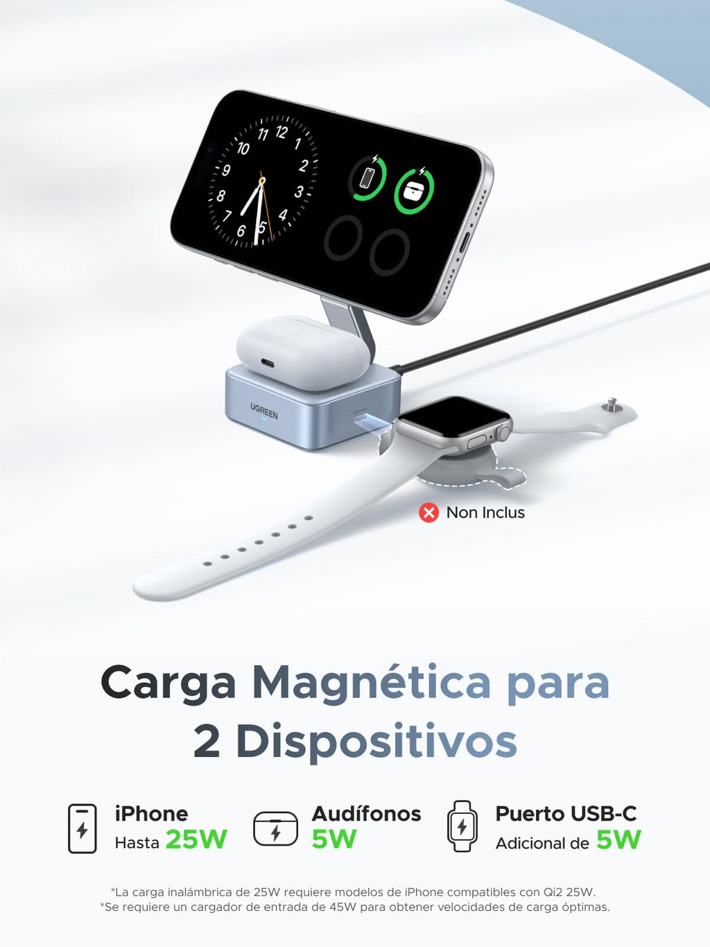 UGREEN MagFlow Qi2 25W Wireless MagSafe Charger 2 in 1 Foldable | Compatible with iPhone 17 16 15 14 13 12 Air Plus Pro Max AirPods 4 3 Pro 3 2 1, Magnetic Charging Station, Adjustable Angle