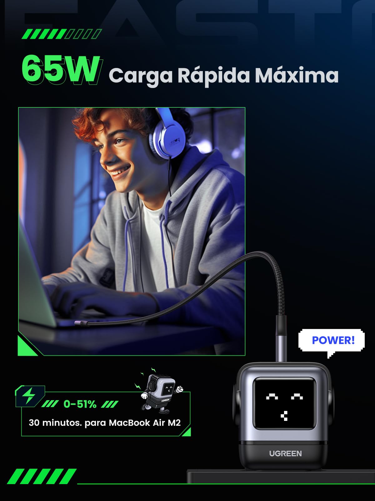 UGREEN Uno USB C Charger 65W, 3-Port GAN Type C Power Adapter Fast Charging Compatible with MacBook Pro, iPhone 17 Pro MAX Air/16-8 Series, Galaxy S25/S24, Pixel 8, Steam Deck, ROG Ally