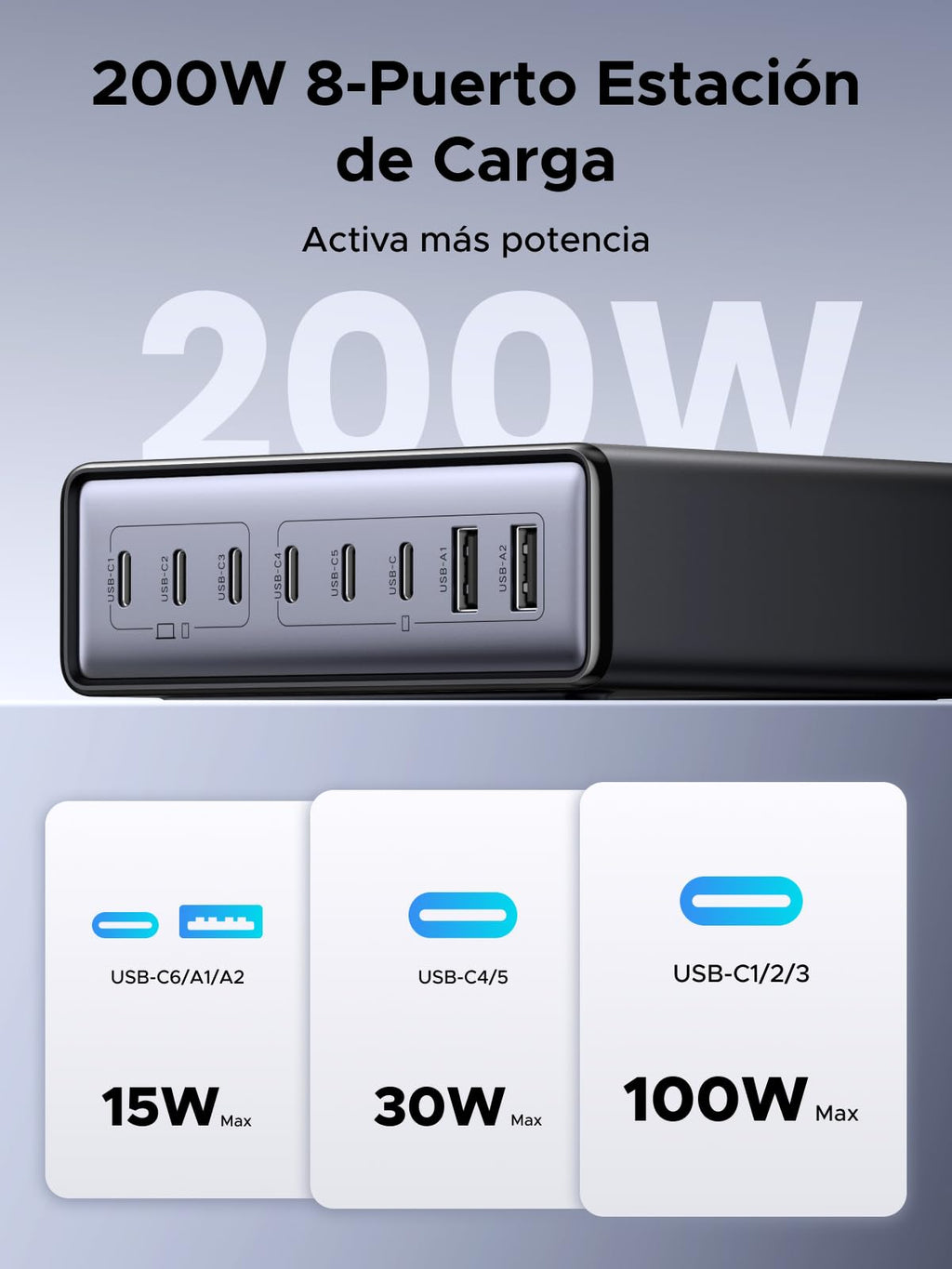 UGREEN Zapix 200W USB C Charger GAN Desktop Charging Station | 8 Port 100W PD 3.1 PPS 45W Fast Charging GAN Compatible with MacBook Pro Air iPhone 17 Pro Max Air 16 Galaxy S26