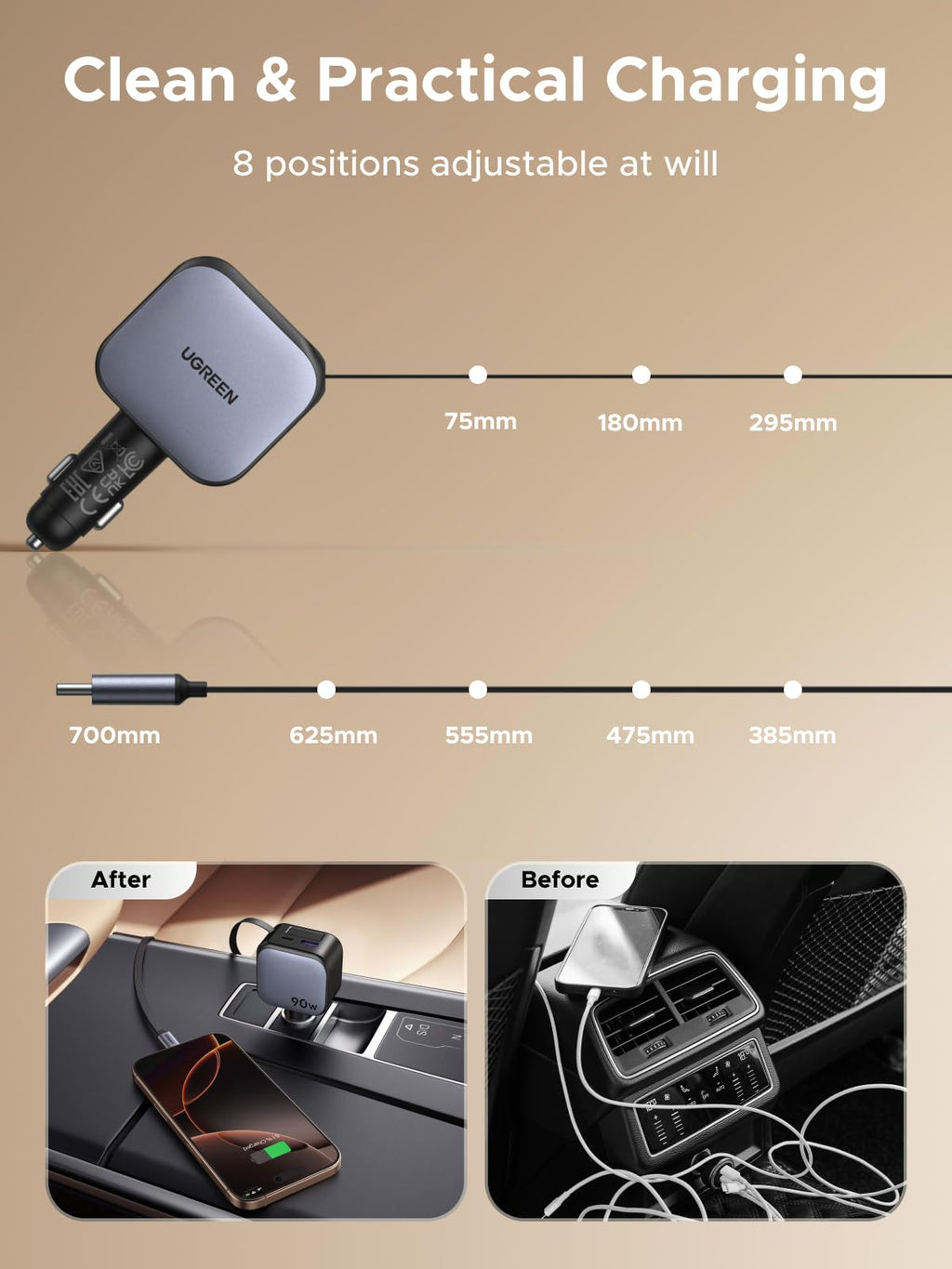 The UGREEN Nexode 90W car charger with retractable USB-C cable ensures a clutter-free charging experience in the car with 8 adjustable cable lengths, replacing messy wires with a smart, space-saving solution.