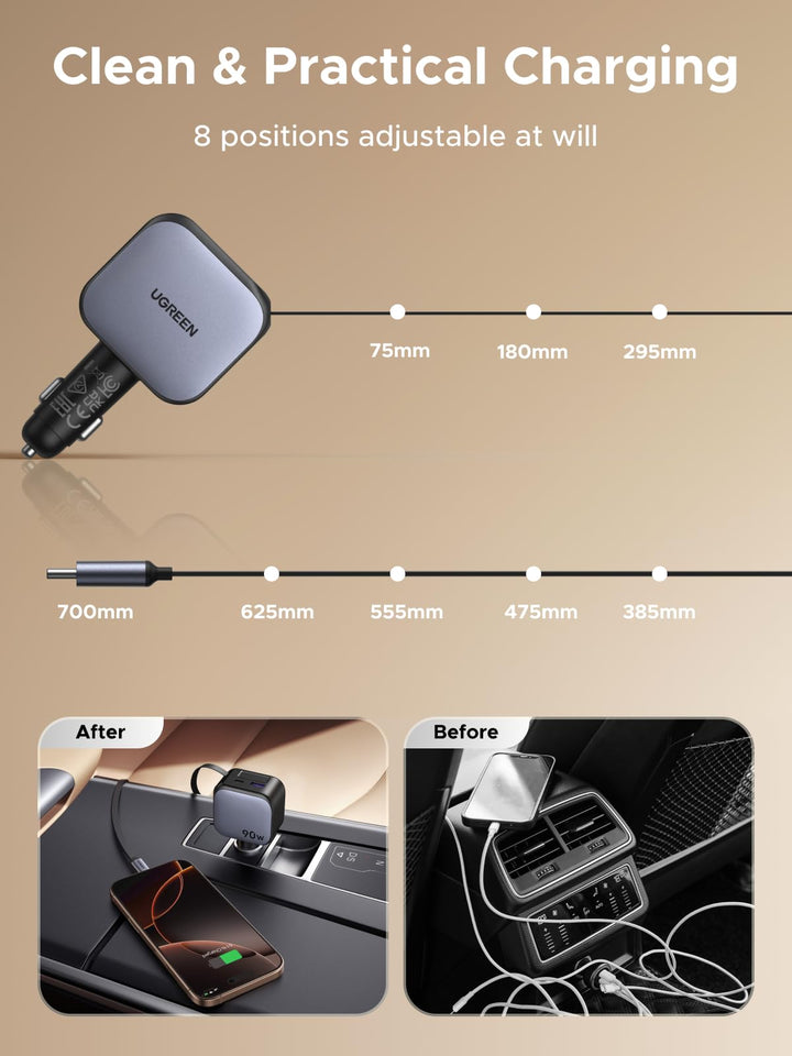 The UGREEN Nexode 90W car charger with retractable USB-C cable ensures a clutter-free charging experience in the car with 8 adjustable cable lengths, replacing messy wires with a smart, space-saving solution.