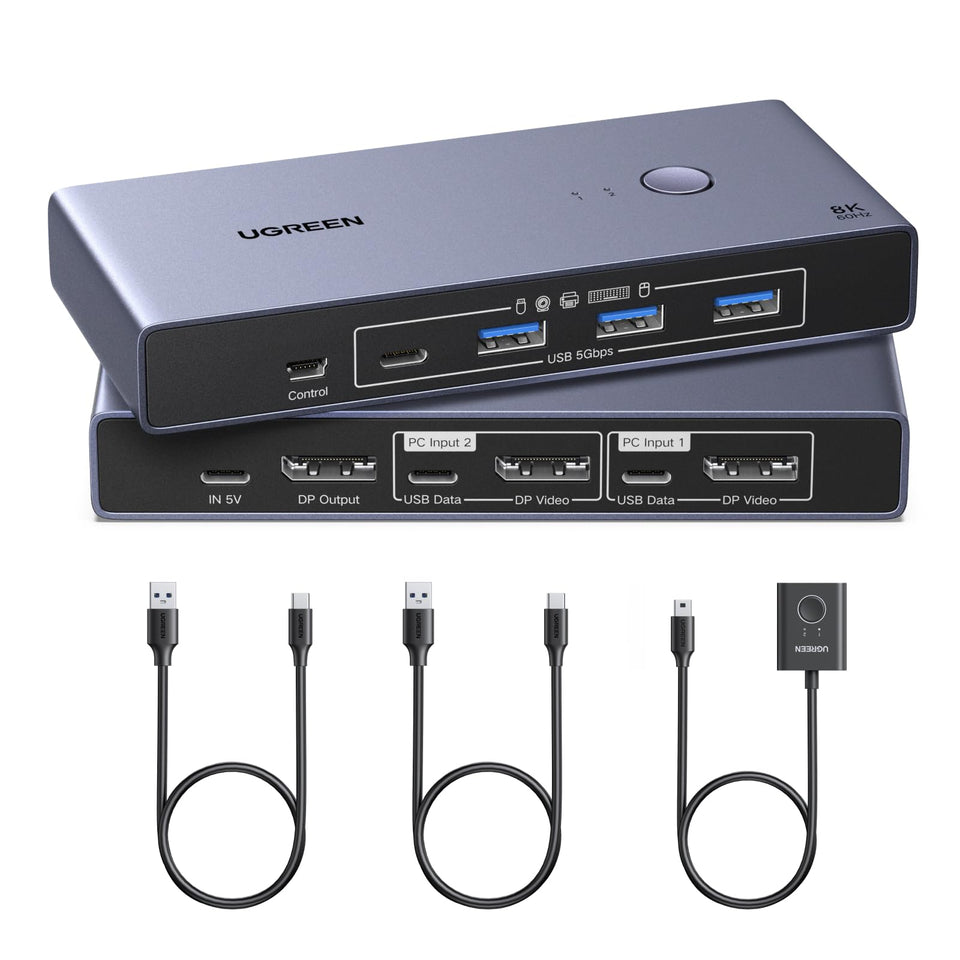 UGREEN DisplayPort KVM-Switch 2 PCs 1 Monitor (DP 1.4, 8K@60Hz, 4 USB 3.0 Anschlüsse)