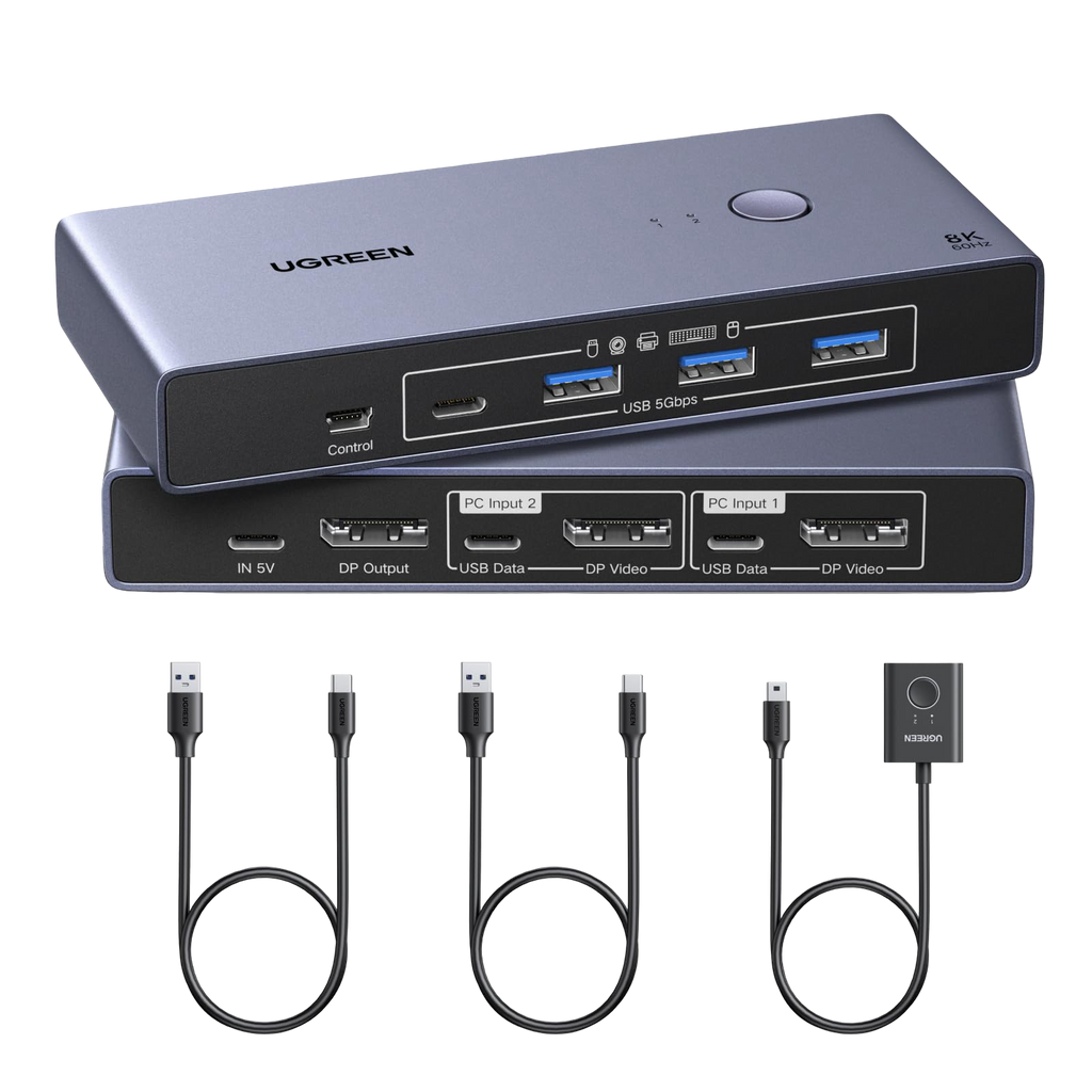 UGREEN DisplayPort KVM Switch 2 PCs 1 Monitor (DP 1.4, 8K@60Hz, 4 USB 3.0 Ports)