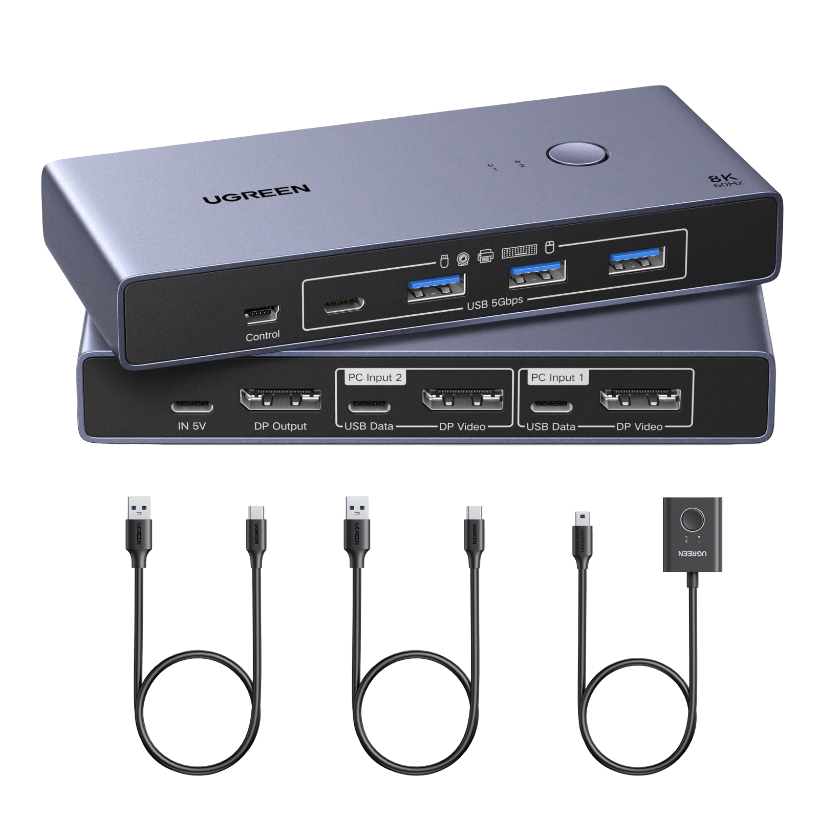 UGREEN DisplayPort KVM Switch 2 PCs 1 Monitor (DP 1.4, 8K@60Hz, 4 USB 3.0 Ports)