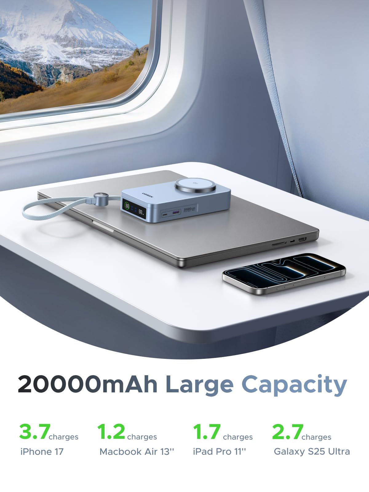 UGREEN MagFlow 20000mAh 100W Qi2 25W Wireless Power Bank Built-in Cable | PD 100W Fast Charging, Portable Wireless Charger,5-in-1 MagSafe-Compatible Battery Pack for Laptop, iPhone, iPad, AirPods