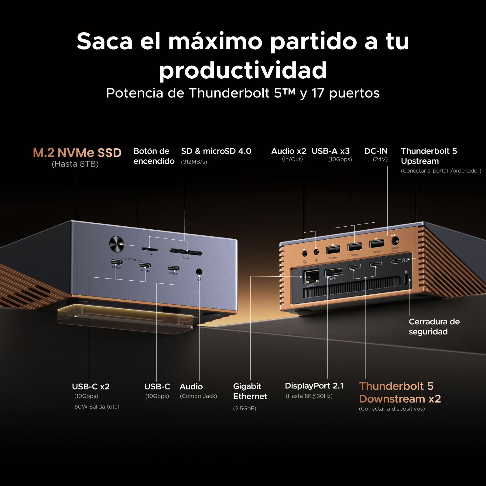 UGREEN Maxidok Thunderbolt 5 Docking Station USB C Triple Display | 17 in 1, 2 TBT5, 1 DP, 120Gbps, 3A3C, Ethernet 2.5GbE, SD/TF 4.0, M.2 SSD Enclosure, PD 140W, DC 240W, 3 Audio 3.5mm