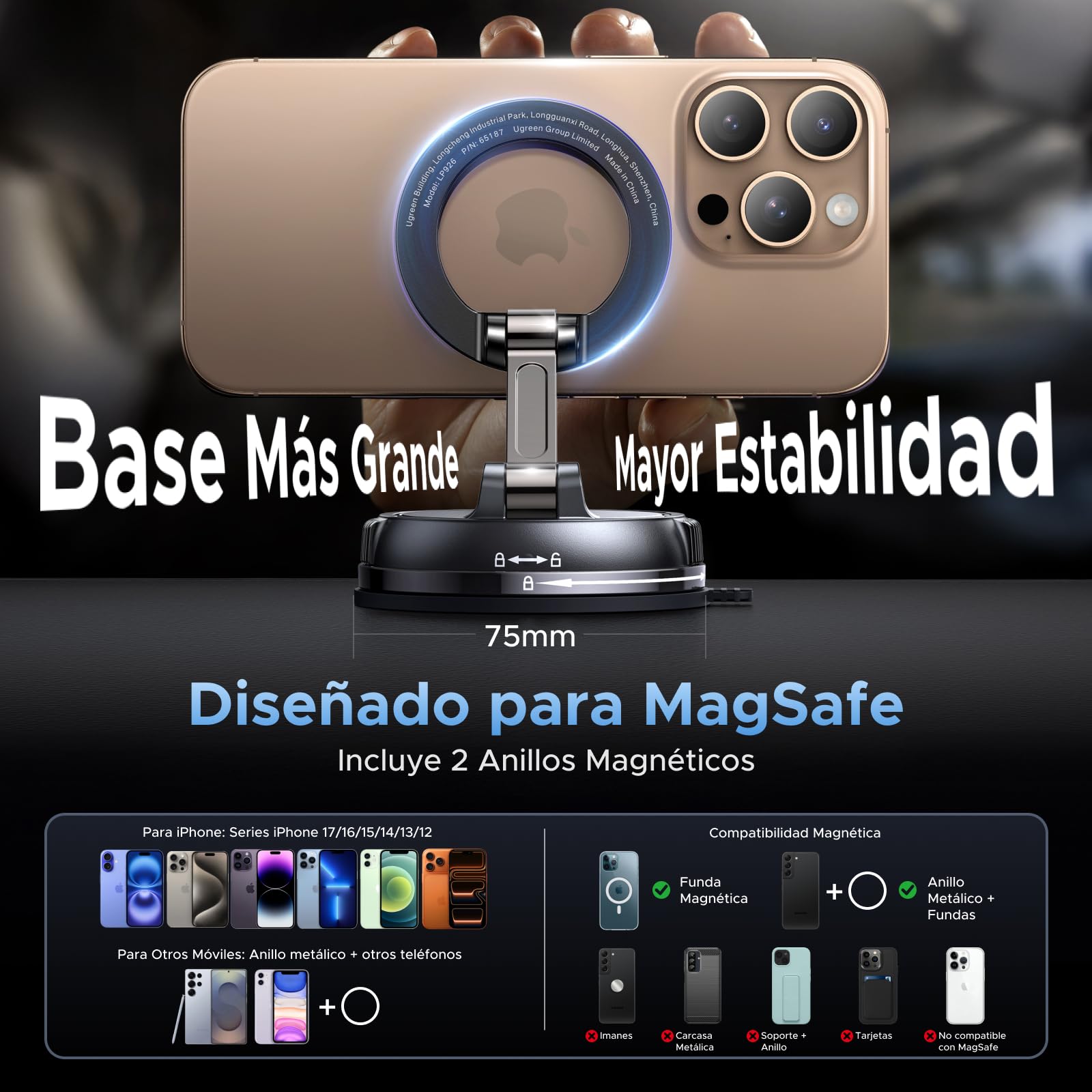 UGREEN MagSafe 2 in 1 Mobile Car Mount with Suction Cup and Adhesive Base, Telemovel 360° Rotating Car Mount for i17/17 Air/17 Pro/17 Pro Max/15/14, for Dashboard or Windshield, Black