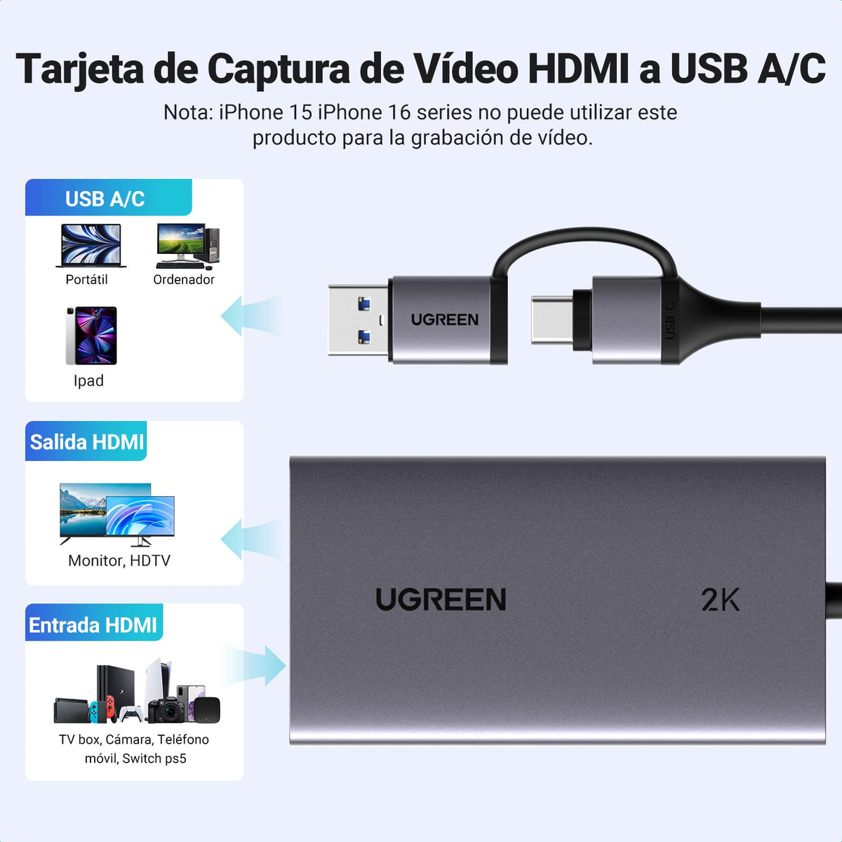 UGREEN Capturadora Video HDMI 4K30Hz 1080P HD 60FPS Input USB A C Capture