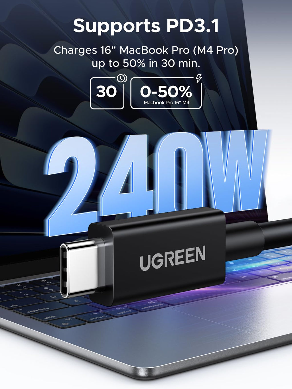 UGREEN Thunderbolt 5 Cable 80Gbps, Intel Certified, 240W PD3.1, 3.3ft | 16K/dual8K/triple4K@144Hz video. For MacBook Pro M5/M4, iPad Pro M5, iPhone 17/16/15, Galaxy S26/S25/S24, SSD, hubs