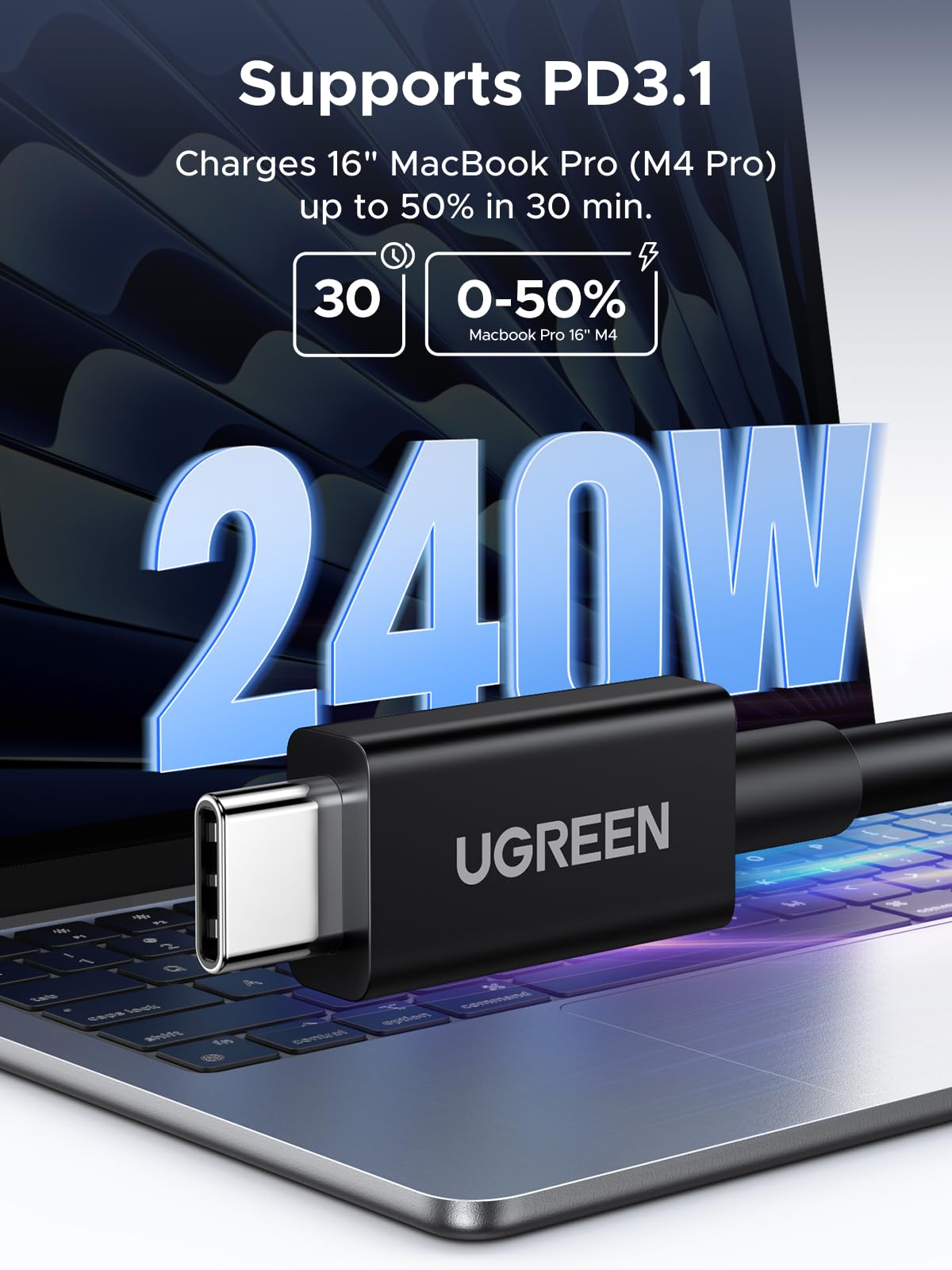 UGREEN Thunderbolt 5 Cable 80Gbps, Intel Certified, 240W PD3.1, 3.3ft | 16K/dual8K/triple4K@144Hz video. For MacBook Pro M5/M4, iPad Pro M5, iPhone 17/16/15, Galaxy S26/S25/S24, SSD, hubs