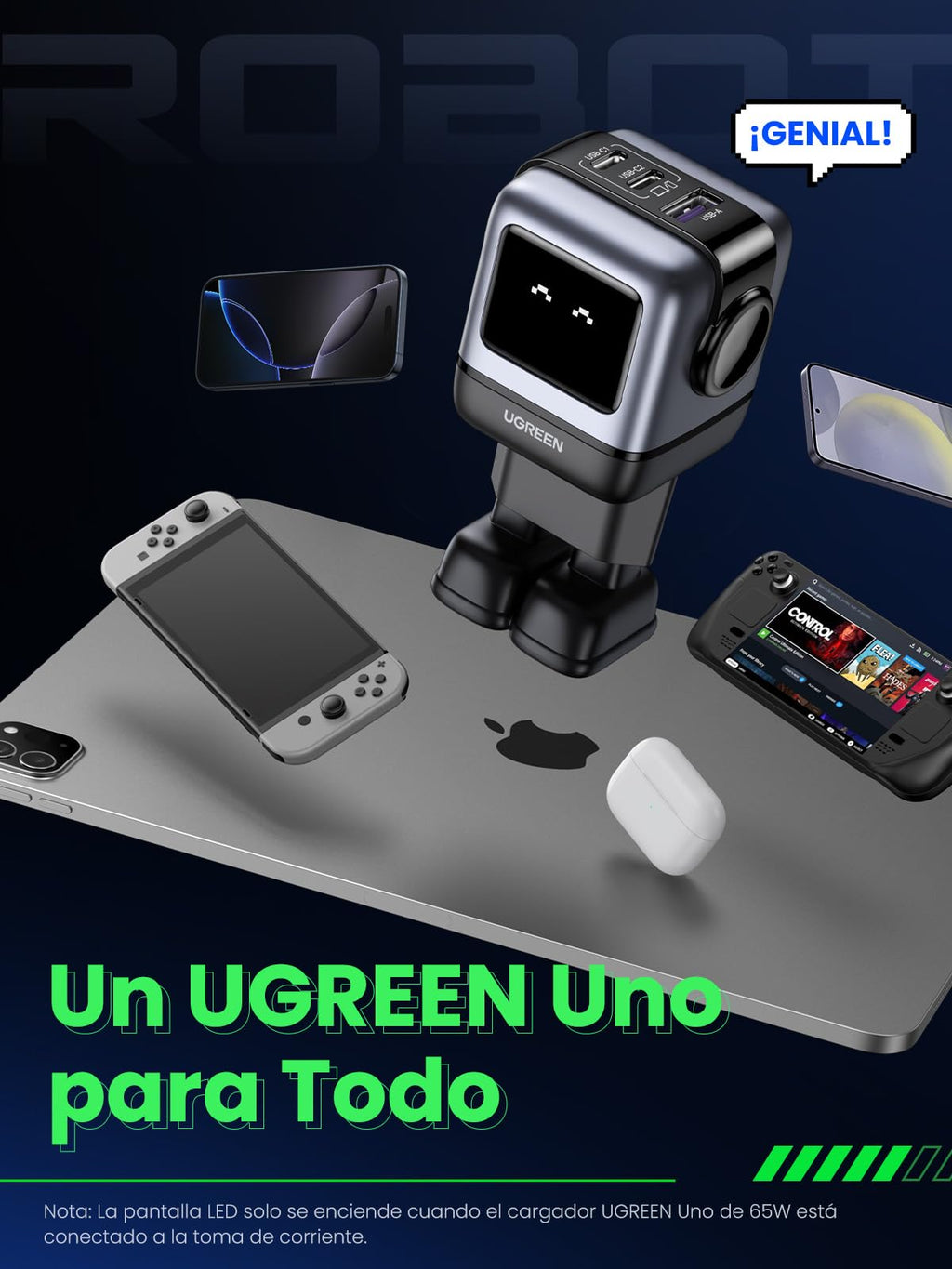 UGREEN Uno USB C Charger 65W, 3-Port GAN Type C Power Adapter Fast Charging Compatible with MacBook Pro, iPhone 17 Pro MAX Air/16-8 Series, Galaxy S25/S24, Pixel 8, Steam Deck, ROG Ally