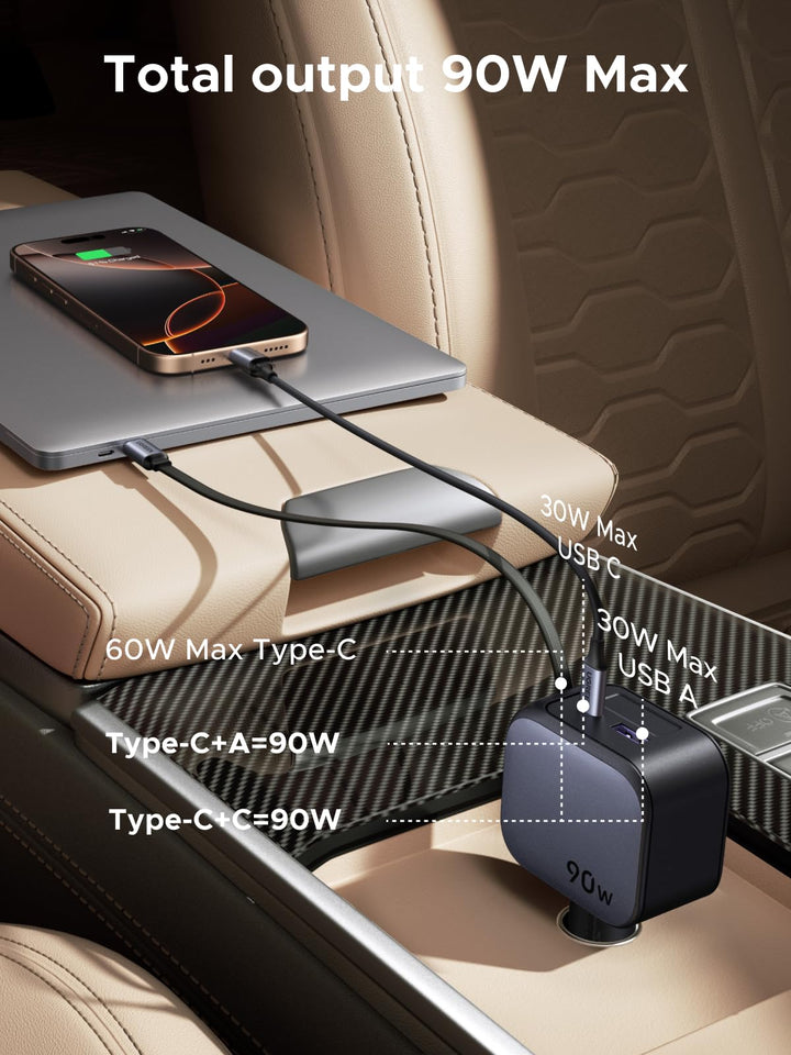 The UGREEN Nexode 90W car charger with retractable USB-C cable delivers a total power output of up to 90W via two ports, whether using USB-C + USB-A or dual USB-C configuration, making it ideal for fast and simultaneous in-car charging.