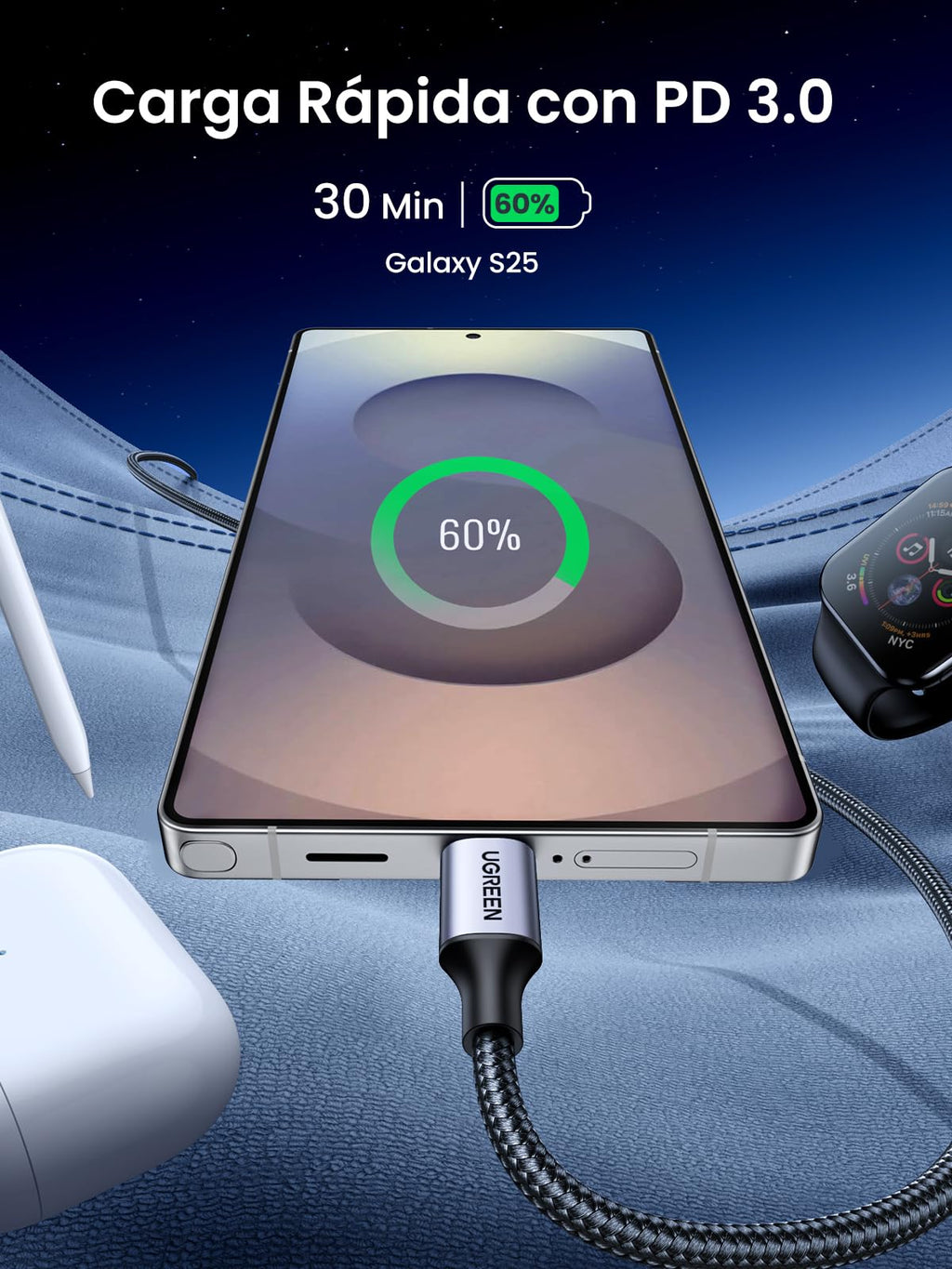 UGREEN Zapix USB C Cable 60W PD 3.0 Fast Charging Braided Nylon (3M)