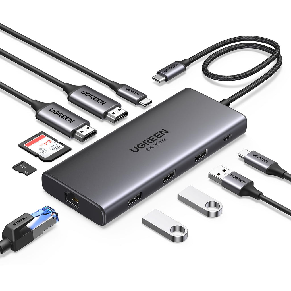UGREEN Revodok Pro 210 USB C Hub 10 in 1 Docking Station Dual Display | 2 HDMI, Single 8K30Hz, Dual 4K60Hz, Gigabit Ethernet, PD Charging 100W, 5Gbps, 3A1C, SD TF, Compatible with MacBook Pro Air
