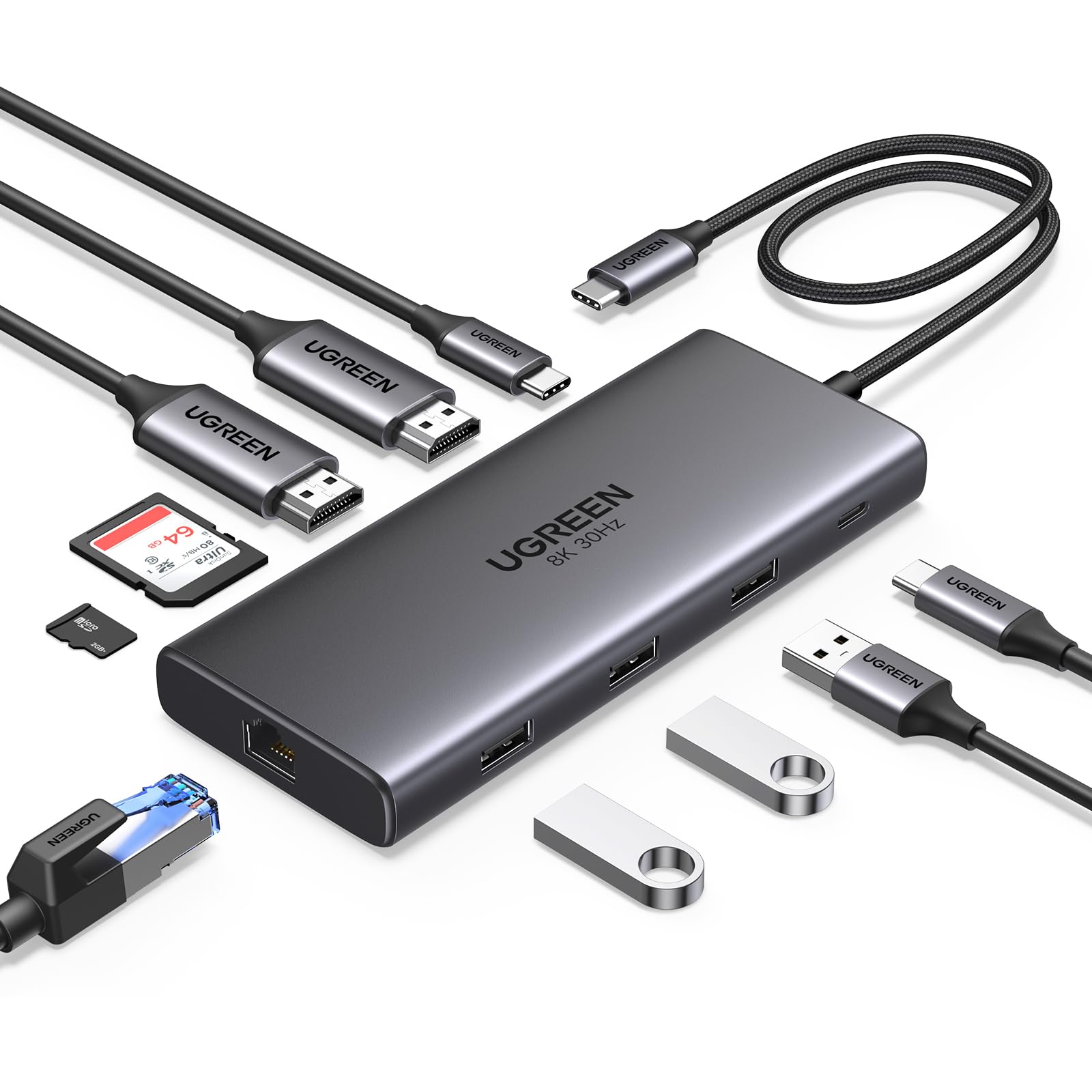 UGREEN Revodok Pro 210 USB C Hub 10 in 1 Docking Station Dual Display | 2 HDMI, Single 8K30Hz, Dual 4K60Hz, Gigabit Ethernet, PD Charging 100W, 5Gbps, 3A1C, SD TF, Compatible with MacBook Pro Air