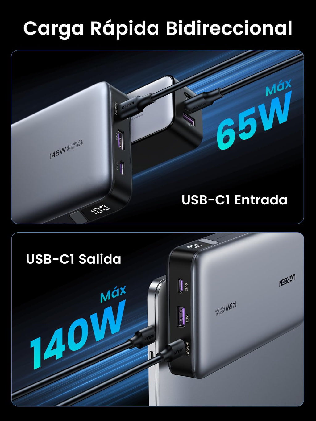UGREEN Nexode 145W Power Bank 25000mAh External Battery USB C PD3.1 140W | Fast Charging, 3 Ports 2C1A, ThermalGuard Portable Charger PC, LED, Compatible with iPhone 17 16 15 Galaxy S26 iPad MacBook