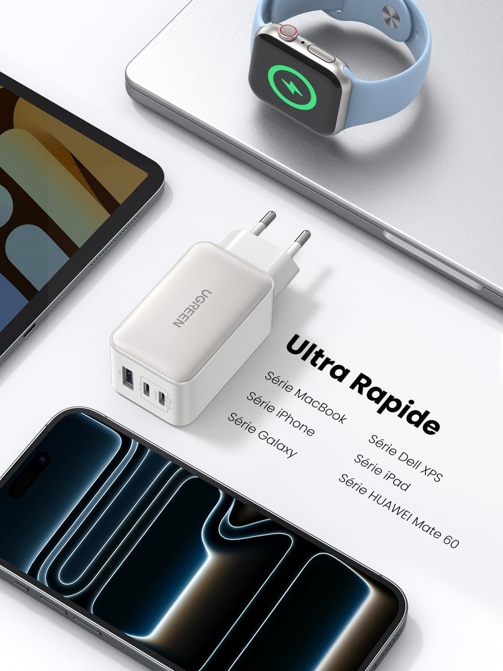 UGREEN Nexode 65W USB C Fast Charger 3 Ports GaN USB C Socket (White)