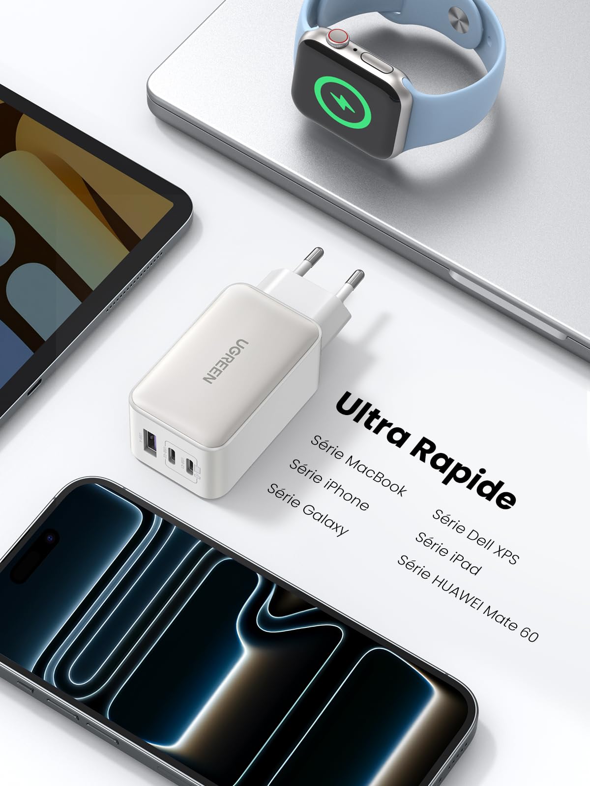 UGREEN Nexode 65W USB C Fast Charger 3 Ports GaN USB C Socket (White)