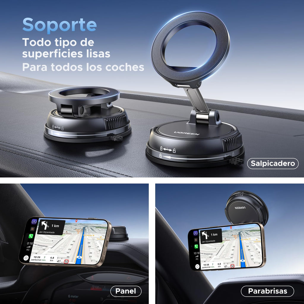 UGREEN MagSafe 2 in 1 Mobile Car Mount with Suction Cup and Adhesive Base, Telemovel 360° Rotating Car Mount for i17/17 Air/17 Pro/17 Pro Max/15/14, for Dashboard or Windshield, Black