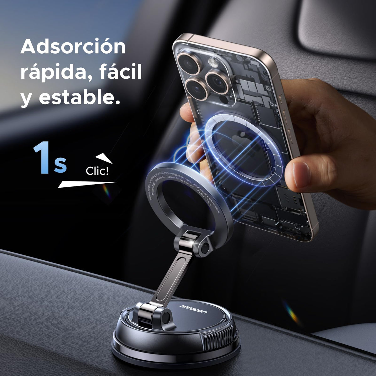 UGREEN MagSafe 2 in 1 Mobile Car Mount with Suction Cup and Adhesive Base, Telemovel 360° Rotating Car Mount for i17/17 Air/17 Pro/17 Pro Max/15/14, for Dashboard or Windshield, Black