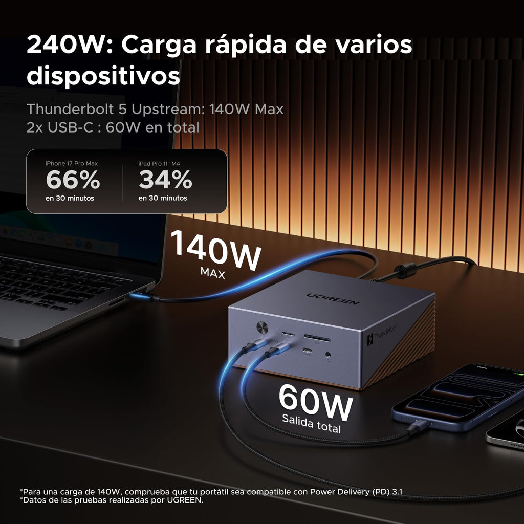 UGREEN Maxidok Thunderbolt 5 Docking Station USB C Triple Display | 17 in 1, 2 TBT5, 1 DP, 120Gbps, 3A3C, Ethernet 2.5GbE, SD/TF 4.0, M.2 SSD Enclosure, PD 140W, DC 240W, 3 Audio 3.5mm