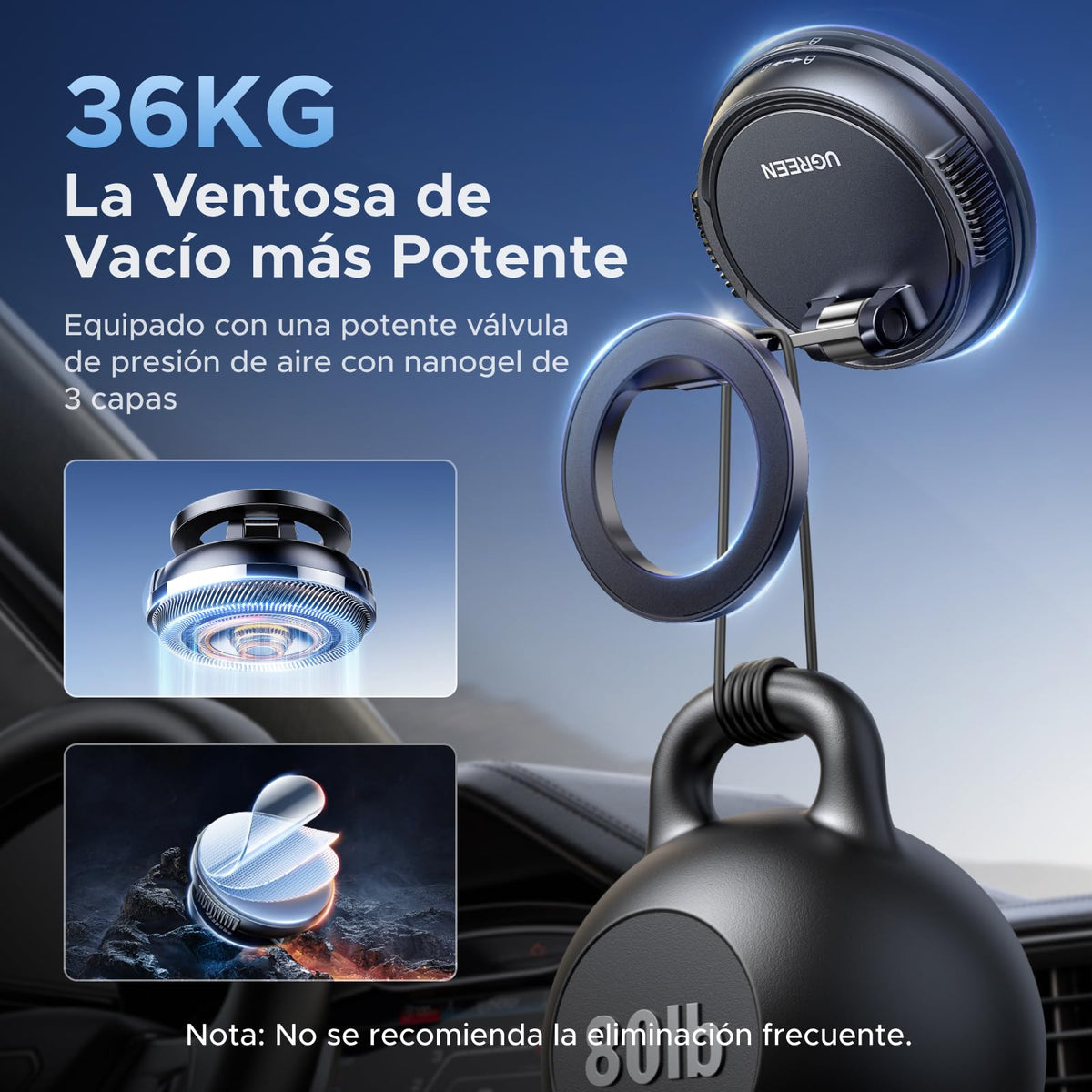 UGREEN MagSafe 2 in 1 Mobile Car Mount with Suction Cup and Adhesive Base, Telemovel 360° Rotating Car Mount for i17/17 Air/17 Pro/17 Pro Max/15/14, for Dashboard or Windshield, Black