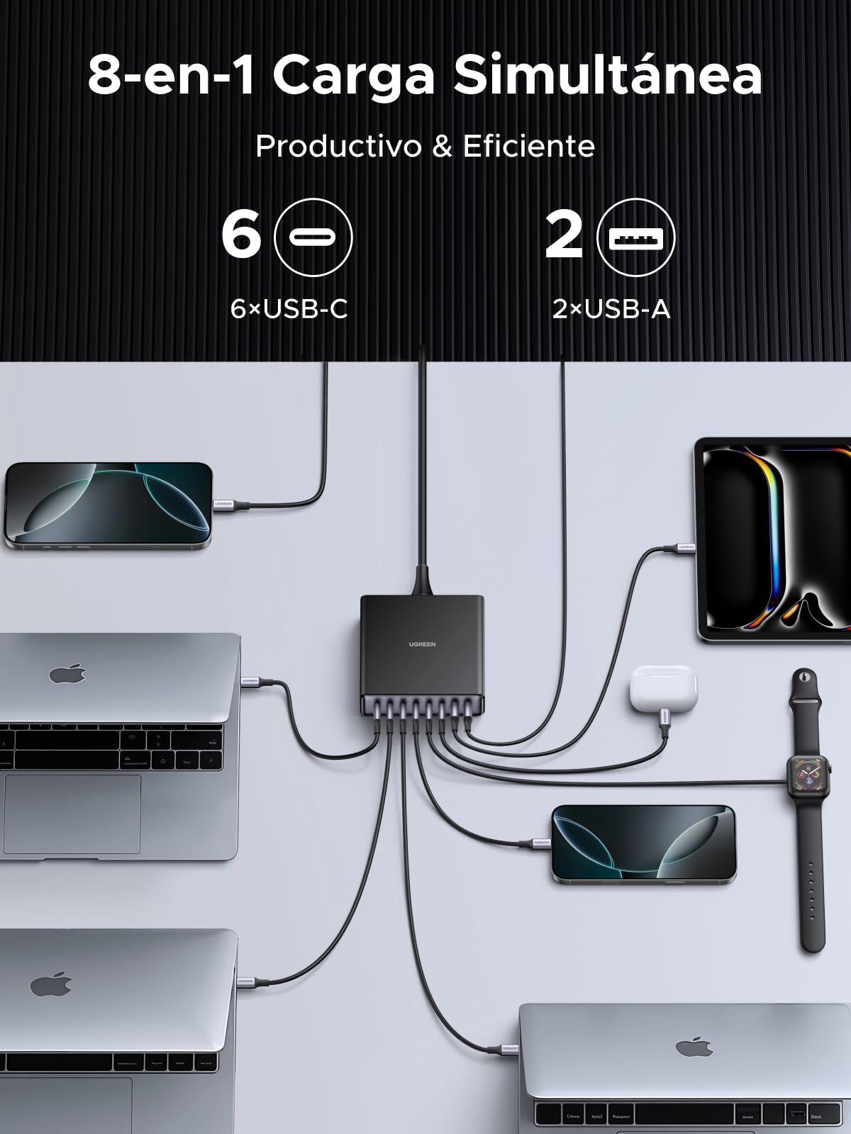 UGREEN Zapix 200W USB C Charger GAN Desktop Charging Station | 8 Port 100W PD 3.1 PPS 45W Fast Charging GAN Compatible with MacBook Pro Air iPhone 17 Pro Max Air 16 Galaxy S26