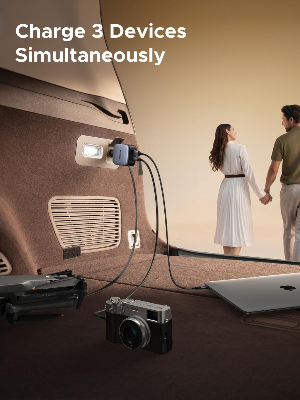 The UGREEN Nexode 90W car charger with retractable USB-C cable supports charging of up to 3 devices at once, intelligently distributing power through the 60W built-in USB-C cable, 7.5W USB-C, and 7.5W USB-A for efficient charging in the car.