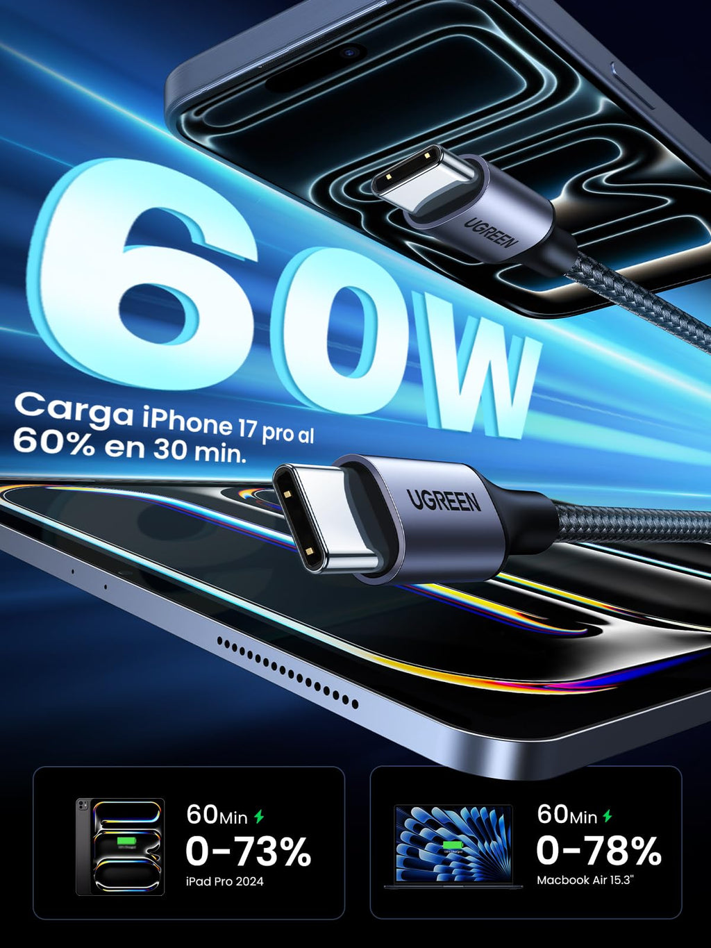 UGREEN Zapix USB C Cable 60W PD 3.0 Fast Charging Braided Nylon (3M)