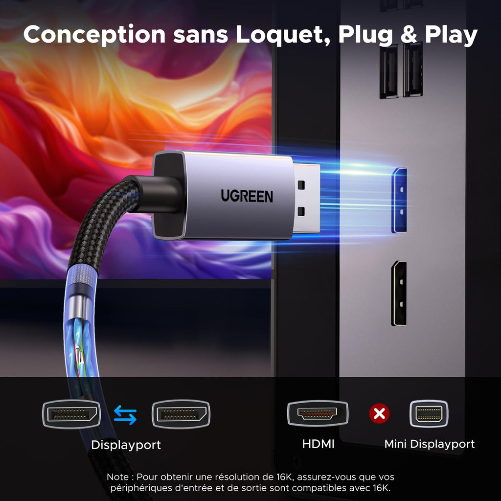 UGREEN Displayport 2.1 Cable 16K 60Hz 8K 60Hz DP to DP 2.1 Cable 2M