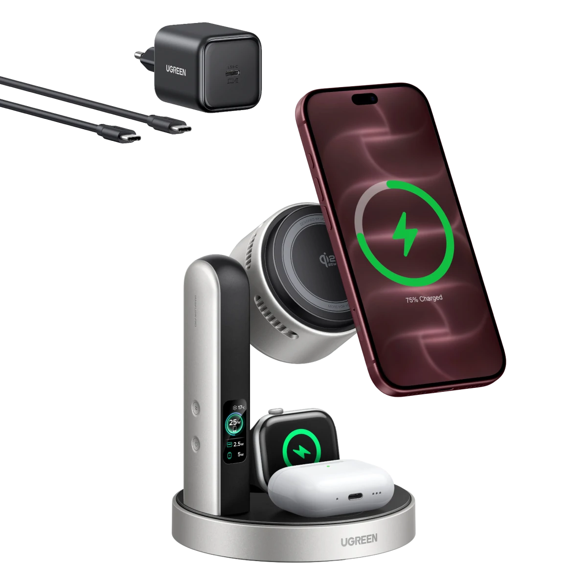 UGREEN MagFlow Pro магнитна стойка за безжично зареждане (3 в 1, Qi2 25 W)