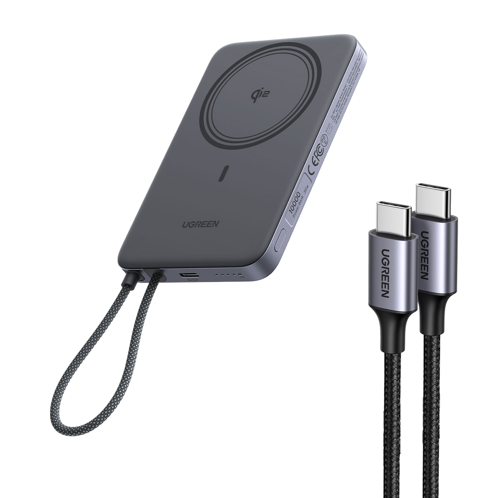 UGREEN MagFlow Air magnetisk powerbank (10000mAh, Qi2 15W) og 60W USB-C-kabler