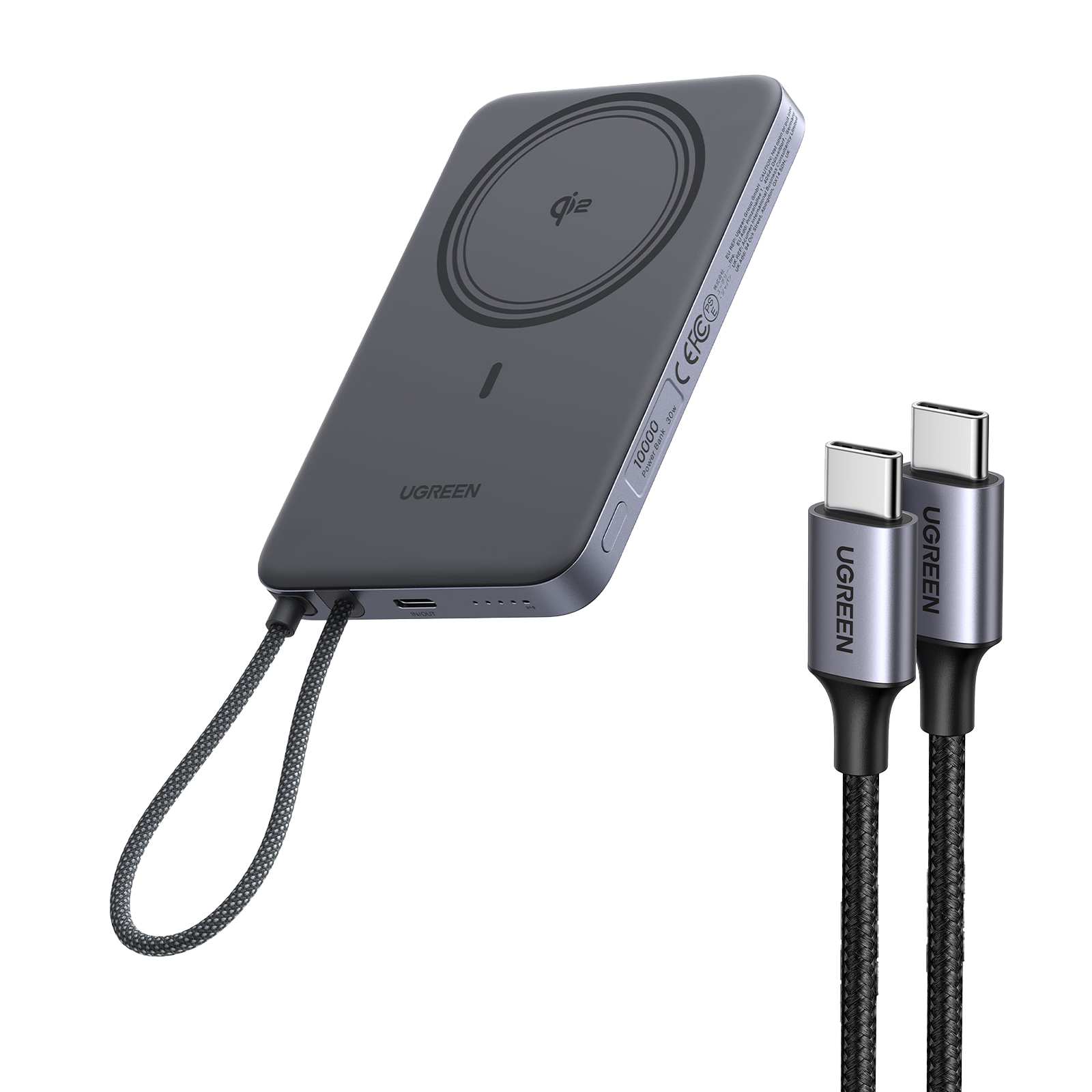 UGREEN MagFlow Air magnetisk powerbank (10000mAh, Qi2 15W) og 60W USB-C-kabler