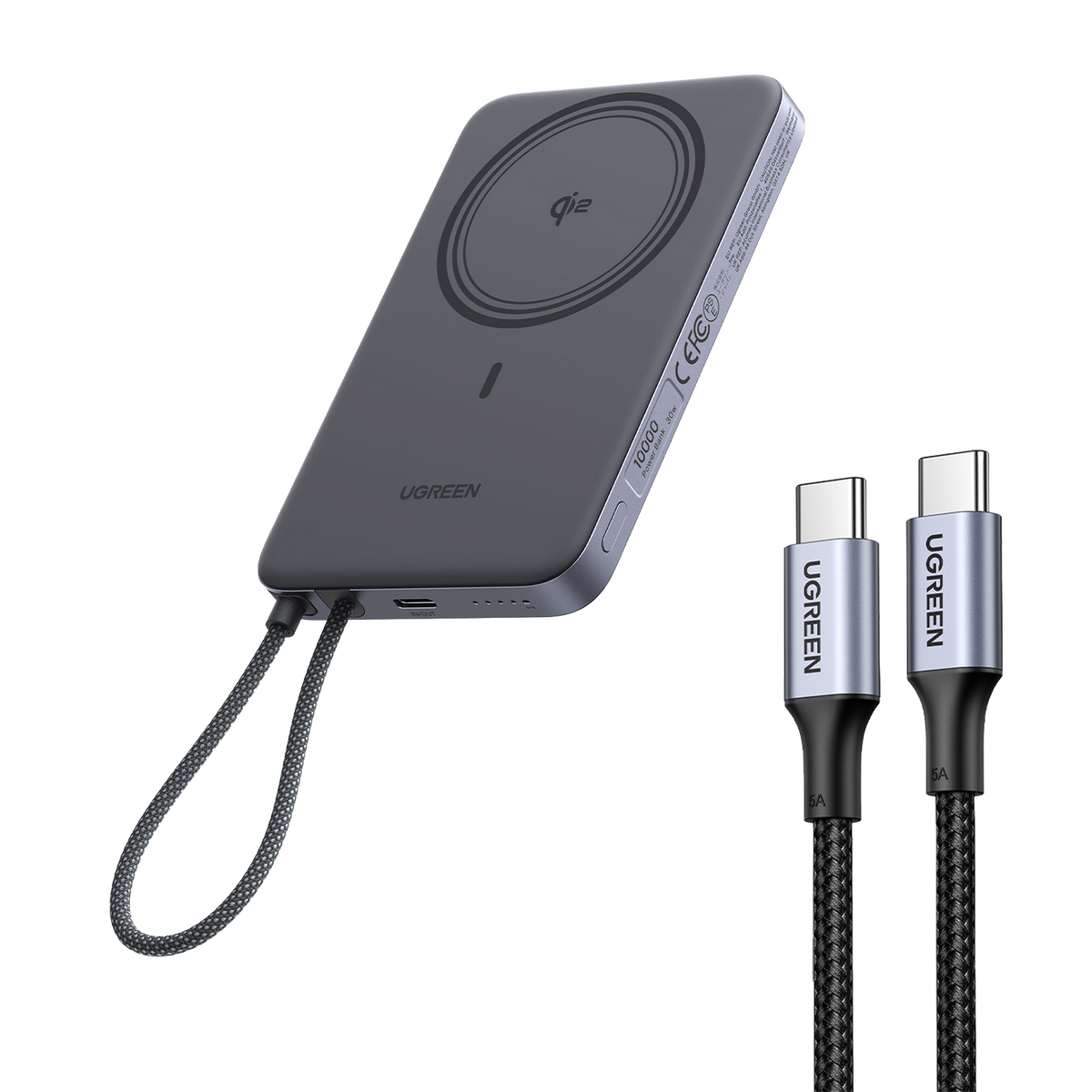 UGREEN MagFlow Air Magnetic Power Bank (10000mAh, Qi2 15W) & 100W USB-C Cables（1M）